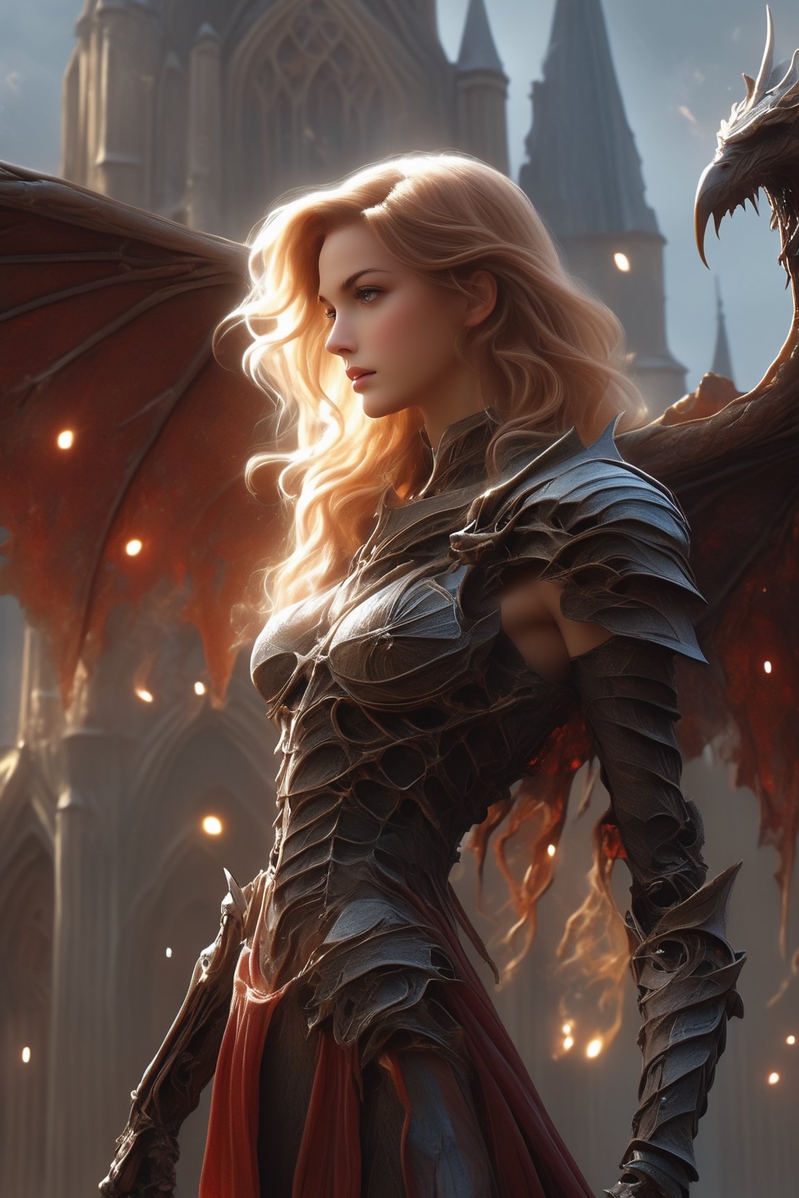 "Dark romance fantasy, close up of a woman with sword wearing dragon bone armor standing above a city, an army looking up at her, embers", bones, ribcage style armor, eldritch, dracolich-like armor, wavy golden dark blonde hair, Masterpiece, Intricate, Insanely Detailed, Art by lois van baarle, todd lockwood, chris rallis, anna dittmann, Kim Jung Gi, Gregory Crewdson, Yoji Shinkawa, Guy Denning, smooth, natural Chiaroscuro, subsurface scattering vfx, actionpainting, best quality, smooth finish, masterpiece,DracolichXL24,art_booster,LegendDarkFantasy,ellafreya,renny the insta girl,real_booster,oil paint 