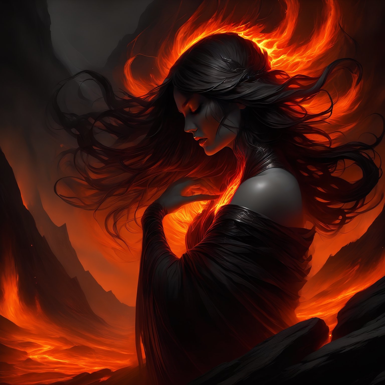 a hyperrealistic digital painting, a vengeful lava monster goddess, hunched over and turning to face us, long flowing glowing lava hair, lava rock body with fiery cracks, wreathed in flame, inspired by mtg artists and charlie bowater and da vinci, detailed backgrounds, 4d, smooth and crisp, atmospheric perspective, horror fantasy || a woman sitting on top of a rock covered in lava, dramatic digital art, woman crying, diffuse, soulslike, avatar image, there is a glow coming from her, nether, smoky lighting, dark soul, transforming,SelectiveColorStyle