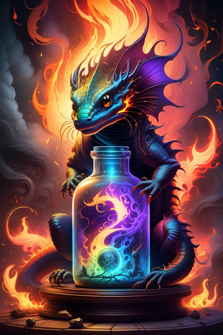 Radial design, a Fairytale illustration Action painting, "Trapped in a bottle!!!" Is an ethereal, ominous radioluminescent fire_salamander ghost, Salamandra_salamandra, in an alchemy lab, creature made of flame and embers and color-changing smoke wisps, alchemical sparks, atmospheric perspective, horror fantasy, detailed alchemy lab background, 8k resolution, behance, Artstation, photorealistic anime visual, alberto seveso, jordan grimmer, inspired by mtg artists and charlie bowater and da vinci, cool detailed background, sharp focus, emitting diodes, smoke, sparks, (FLAMES!!!:1.9), by pascal blanche rutkowski repin artstation, flamepunk firecore ghost salamander, fiery theme