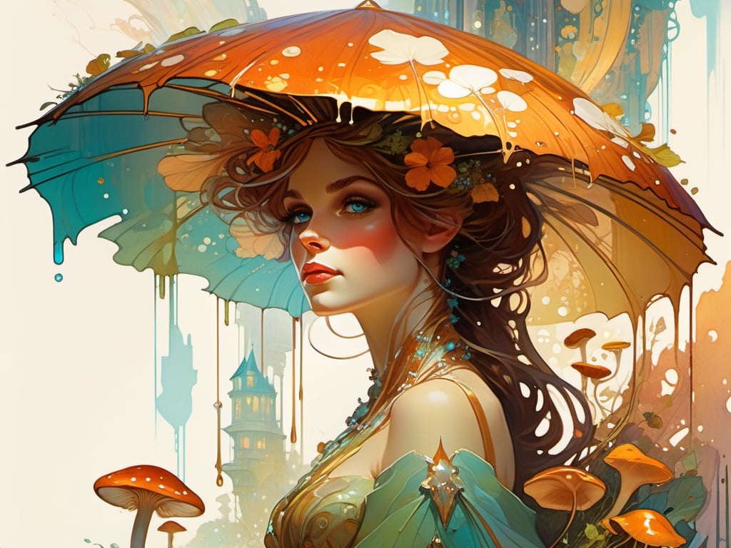 (fairycore sci-fi village in 2 0 5 0) || an elegant fashion woman is holding! a giant (dissolving_dripping! "deliquescence"! "Coprinus_comatus"! aka shaggy_inky_cap_mushroom! as a parasol! :1.5), angled back, with glowing mycelium, || fairykei cottagecore fantasy || expressive, masterpiece || Carne Griffiths, Michael Garmash, Frank Frazetta, vertical Background, Jean Baptiste Monge, Victo Ngai, Detailed, Vibrant, Sharp Focus, Character Design, Wlop, Artgerm, Kuvshinov, environment Design, Unreal Engine, Pixar, Shiny Aura, TXAA, 32k, Fanbox, Highly Detailed, Dynamic Pose, Intricate Motifs, Organic Tracery, Perfect Composition, Warm Dreamy Tones, Digital Painting, Artstation, Smooth, Sharp Focus, Illustration, Award Winning Style And Composition, Line, By Alphonse Mucha, Surface, By Karol Bak, Color Grading, By Lee Man Fong, Hydrodipped, Glaze, detailmastered || perfect composition, vertical movement,more detail XL,detailmaster2