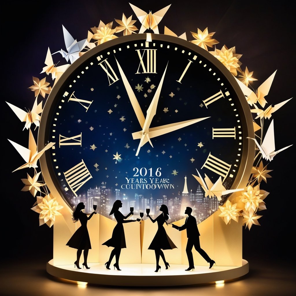 New years countdown clock with origami scenes surrounding it, passing time, new years celebration, people toasting champagne, beauty and memory and love and laughter and light