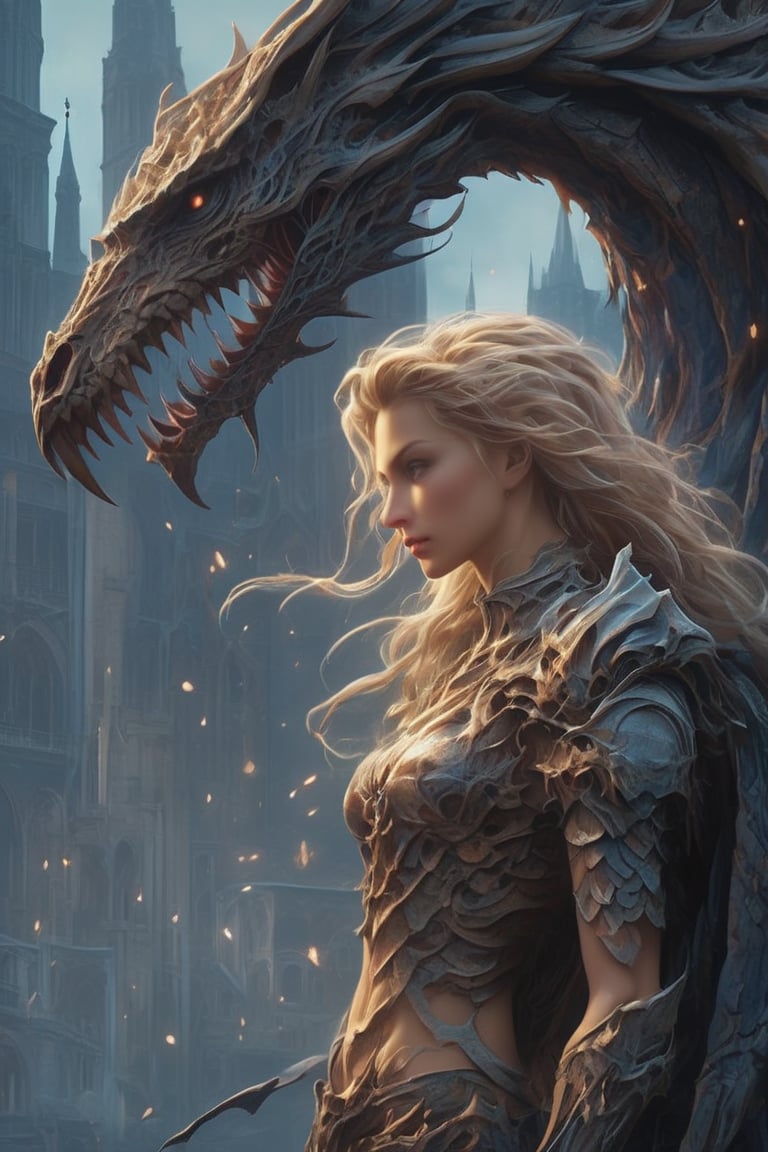 "Dark romance fantasy, close up of a woman with sword wearing dragon bone armor standing above a city, an army looking up at her, embers", bones, ribcage style armor, eldritch, dracolich-like armor, wavy golden dark blonde hair, Masterpiece, Intricate, Insanely Detailed, Art by lois van baarle, todd lockwood, chris rallis, anna dittmann, Kim Jung Gi, Gregory Crewdson, Yoji Shinkawa, Guy Denning, smooth, natural Chiaroscuro, subsurface scattering vfx, actionpainting, best quality, smooth finish, masterpiece,DracolichXL24,art_booster,LegendDarkFantasy,ellafreya,renny the insta girl,real_booster