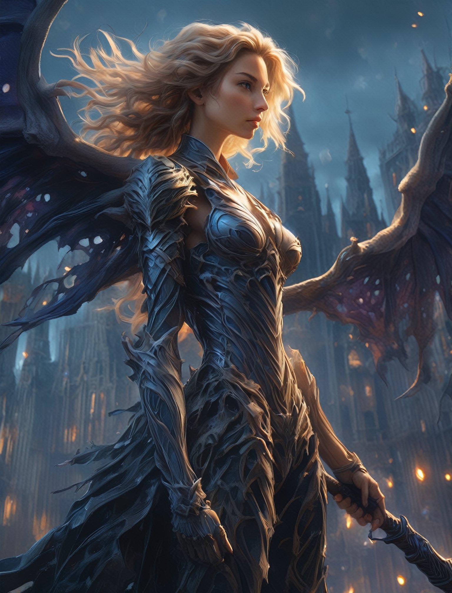 "Dark romance fantasy, close up of a woman with sword wearing dragon bone armor standing above a city, an army looking up at her, embers", bones, ribcage style armor, eldritch, dracolich-like armor, wavy golden dark blonde hair, Masterpiece, Intricate, Insanely Detailed, Art by lois van baarle, todd lockwood, chris rallis, anna dittmann, Kim Jung Gi, Gregory Crewdson, Yoji Shinkawa, Guy Denning, smooth, natural Chiaroscuro, subsurface scattering vfx, actionpainting, best quality, smooth finish, masterpiece,DracolichXL24,art_booster,LegendDarkFantasy,ellafreya,renny the insta girl,real_booster