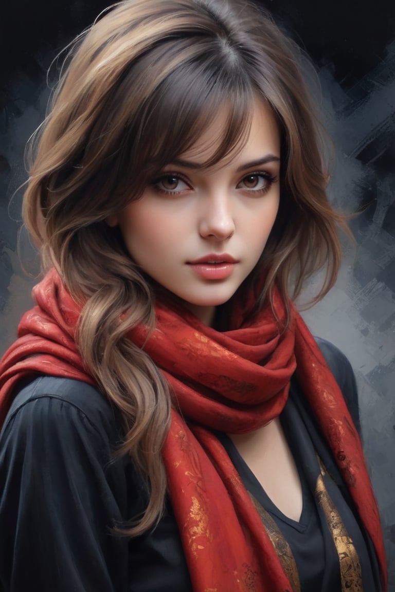 breathtaking portrait of a gorgeous girl, red scarf, dark gold and black, gossamer fabrics, jagged edges, eye-catching detail, insanely intricate, vibrant light and shadow , beauty, paintings on panel, textured background, captivating, stencil art, style of oil painting, modern ink, watercolor , brush strokes, negative white space,InkyCapWitchyHat