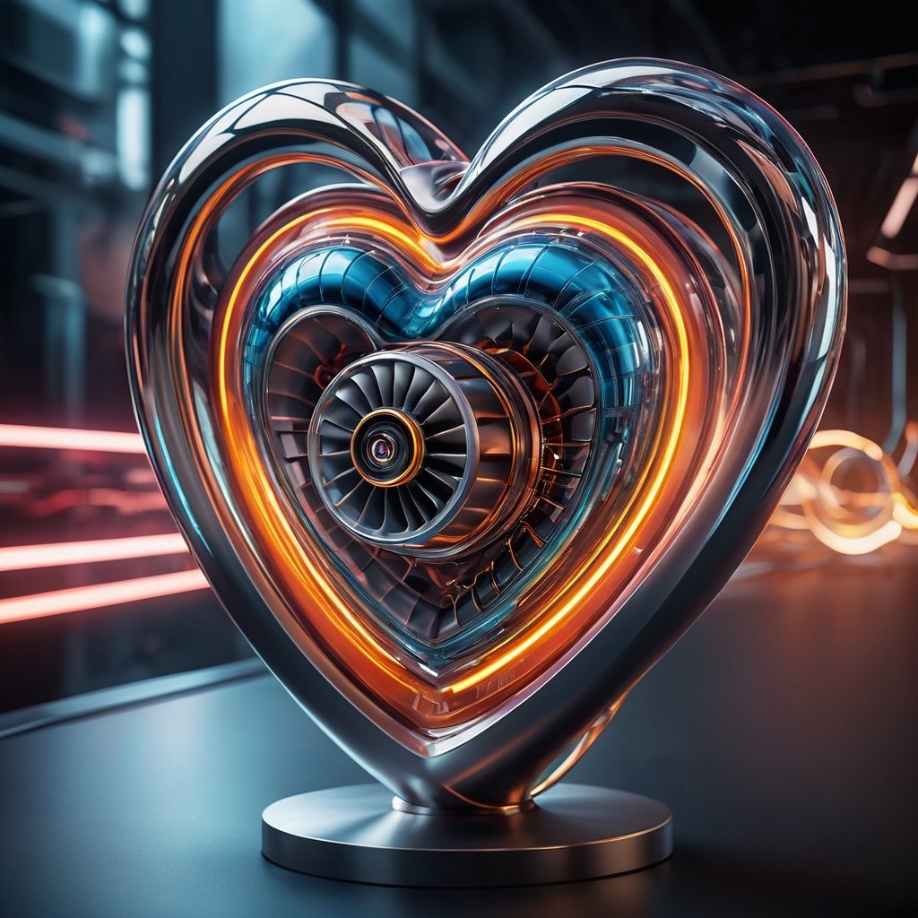 speed, passion, and technology. Make the image impactful and futuristic, I want to see a heart-shaped turbo, which is energetic, vitalist, hard, metallic, heavy.,Clear Glass Skin