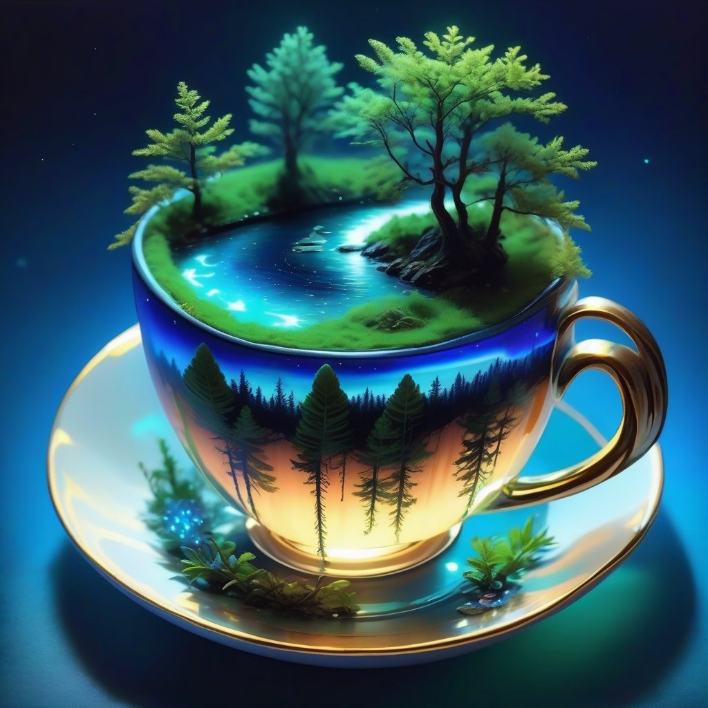 Tiny fntasy forest in a teacup, blue bioluminescent glow, lifelike Art style, 32 k, the best art style