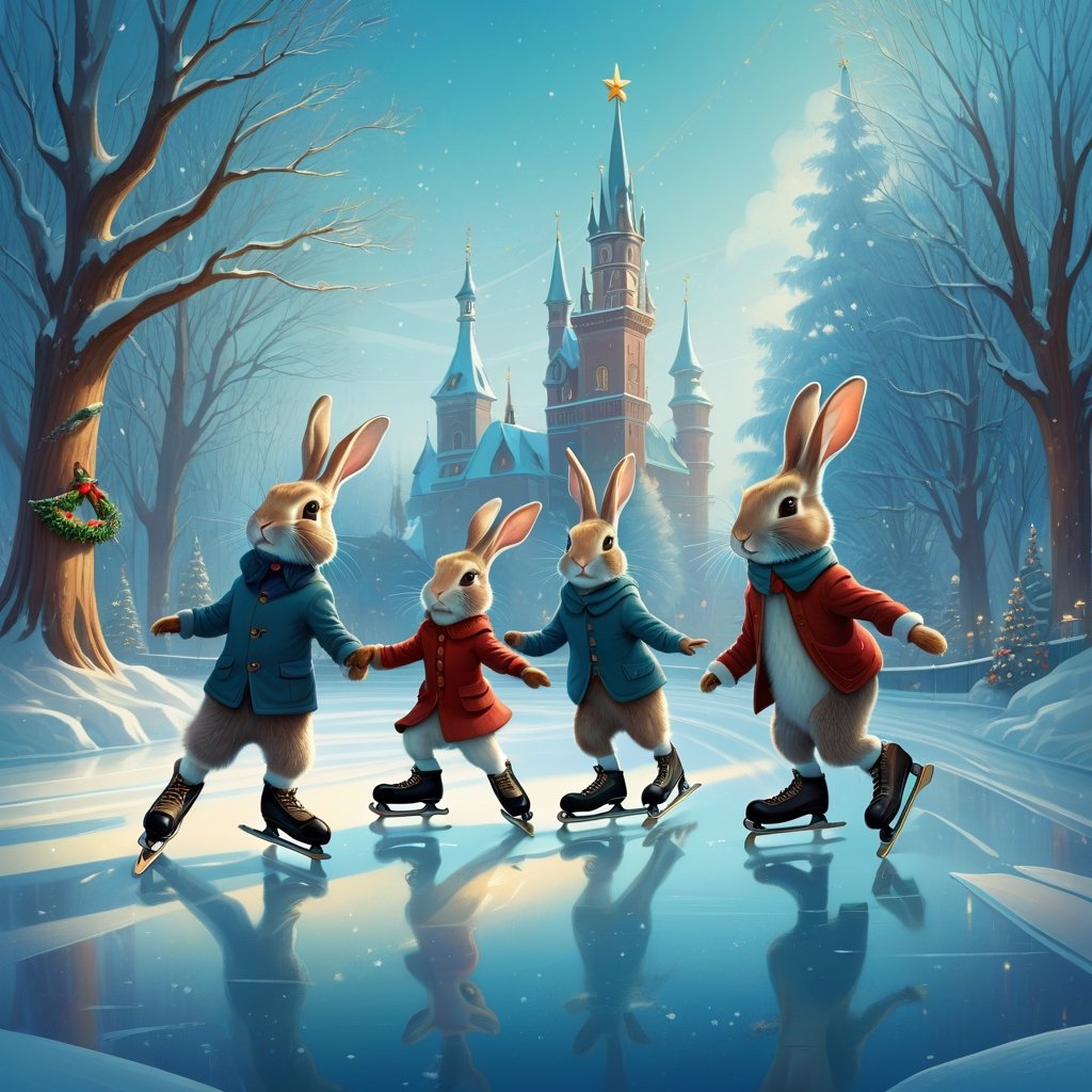 Family of cute Rabbits ice skating on christmas, Bold illustration, charlie bowater and Gediminas Pranckevicius and victo ngai, ryohei hase and james jean, surreal fantasy illustration, realistic proportions, complex composition, linework, decorative elements, vector painting, highly detailed, digital illustration, artstation, beautiful, wholesome, nostalgia, high quality