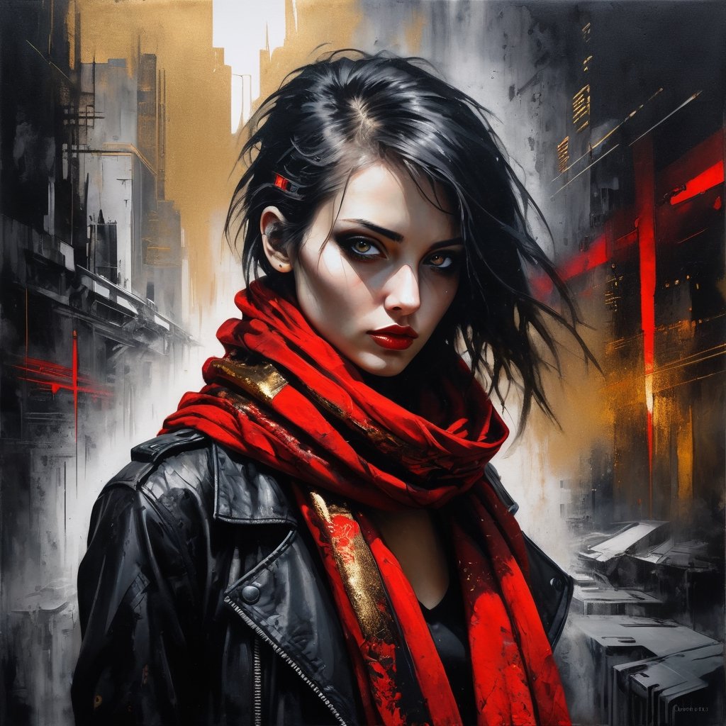 breathtaking portrait of a gorgeous cyberpunk girl, red scarf, hiding in a futuristic city, dark gold and black, gossamer fabrics, jagged edges, eye-catching detail, insanely intricate, vibrant light and shadow , beauty, paintings on panel, textured background, captivating, stencil art, style of oil painting, modern ink, watercolor , brush strokes, negative white space