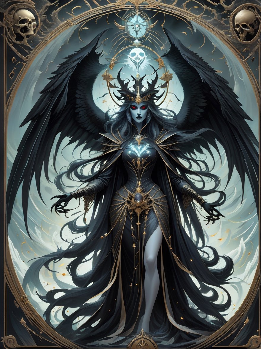 A “major arcana tarot card” reimagined, tarot!!, death, major arcana tarot card, Dark deity, lich queen of the damned, multiple arms, pale skin fading to inky black hands and claws, black wings, beautiful and terrifying, glow, art by Peter mohrbacher and loish, centered, symmetrical 