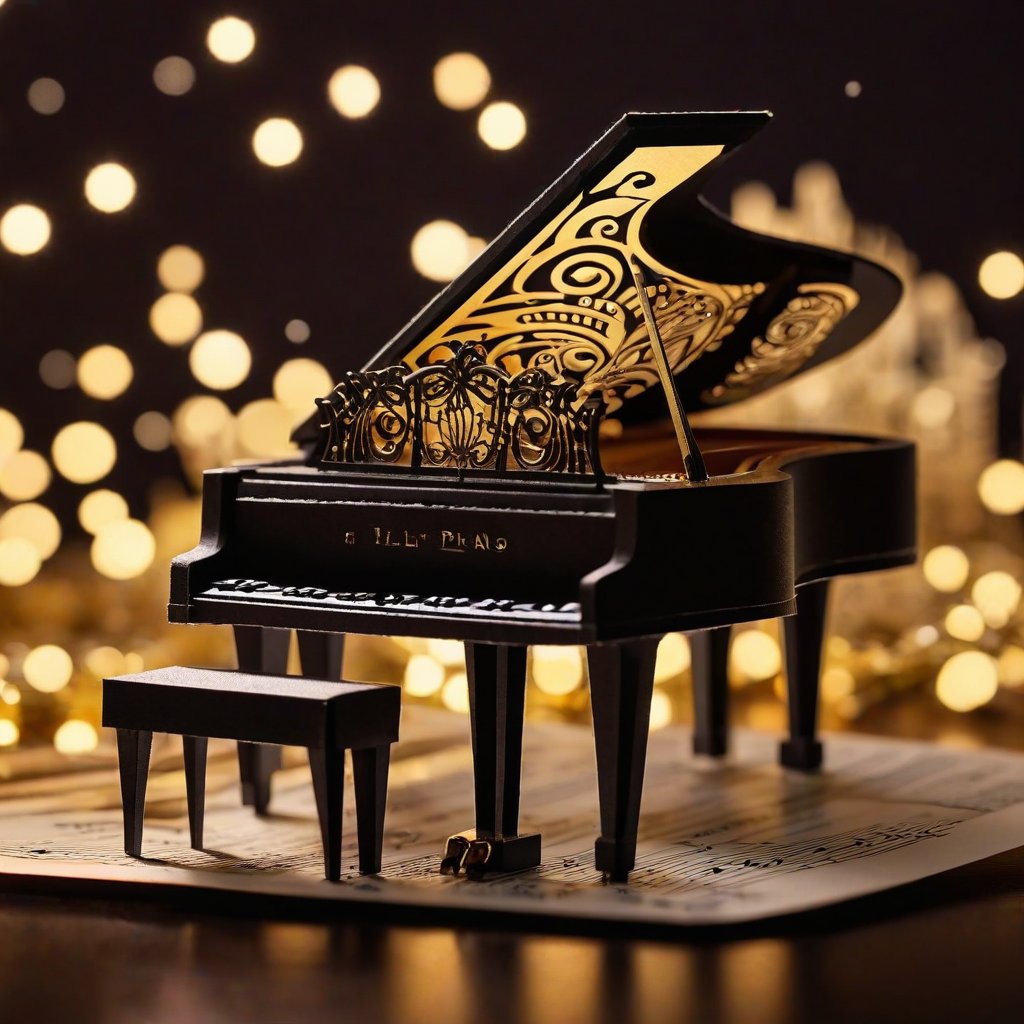 Create a detailed 3d render of a piano player made from paper-sheet-music, elaborate faircore artmosphere, bokeh