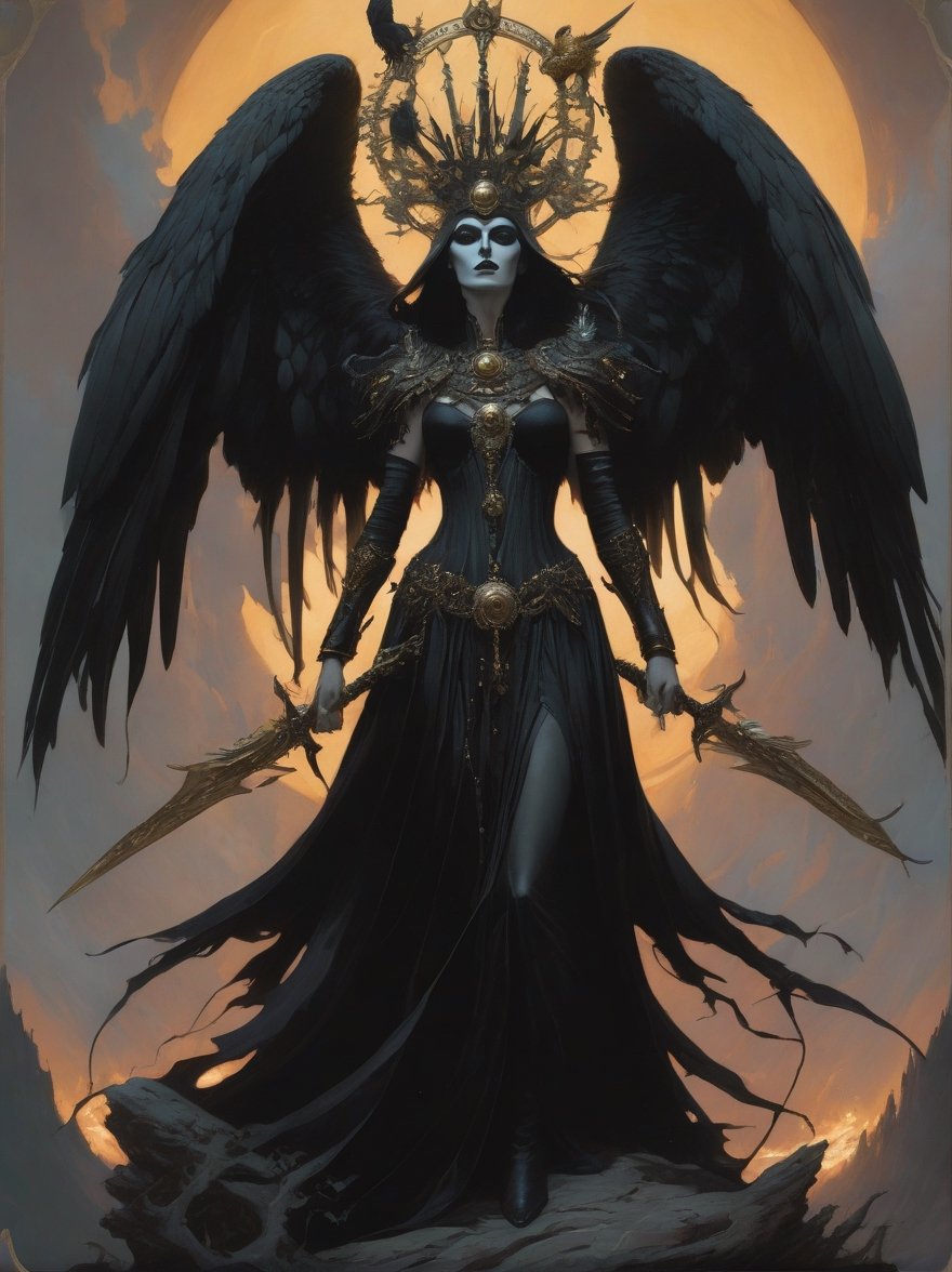 A “major arcana tarot card” reimagined, tarot!!, death, major arcana tarot card, Dark deity, lich queen of the damned, multiple arms, pale skin fading to inky black hands and claws, black wings, beautiful and terrifying, glow, art by Peter mohrbacher and loish