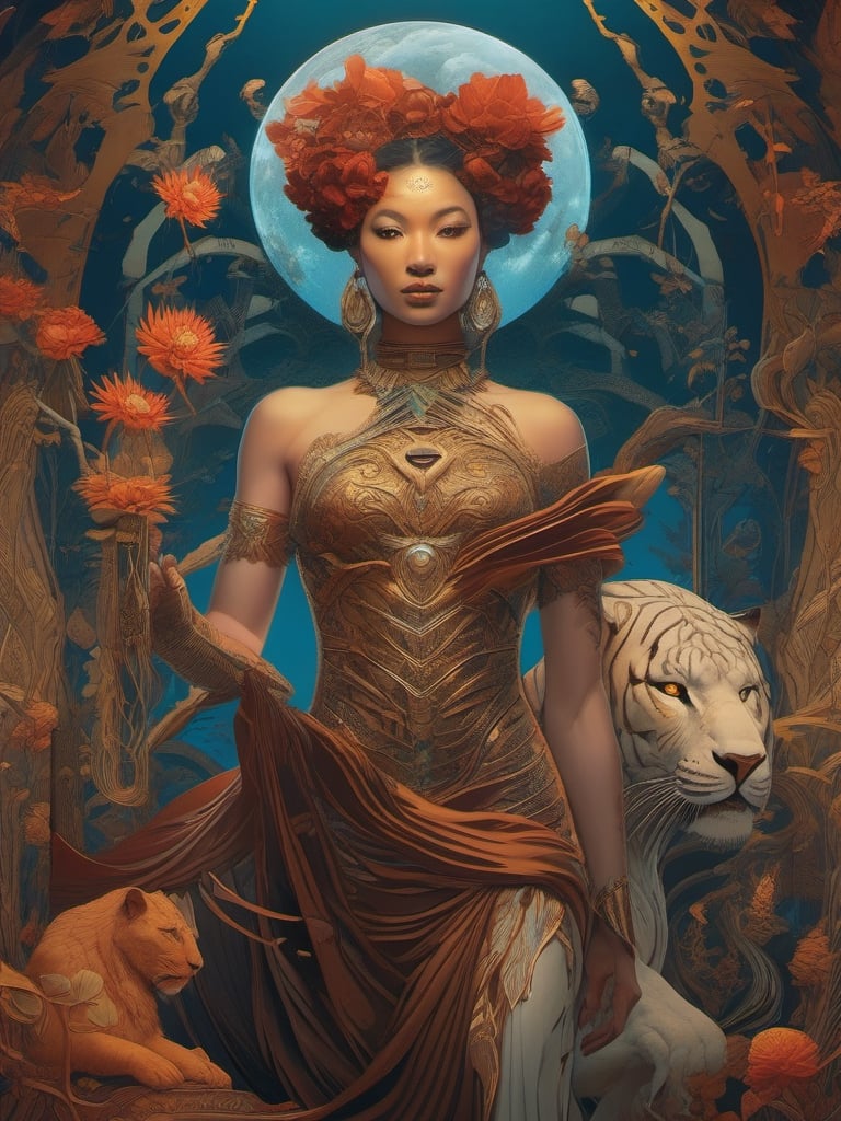 “Strength major arcana tarot card reimagined” as dark fantasy, dark fantasy woman and a skeleton liontiger, stylized painting graphic design poster art by Jon foster, pop surrealism low brow art, digital illustration by yoshitaka amano, dan mumford, Nicolas delort, jeff koons, photorealism, crisp, UHD, fantasy, gorgeous linework, a complex and intricate masterpiece, cel-shaded, clean and sharp, animation key frame, Cool fantasy surreal drawing, juxtapoz magazine, moleskin project, hi-fructose magazine, art style with highly defined lines, professional sketchbook, bold line art, award winning comic graphic novel cover art, ying yang composition, mysterious