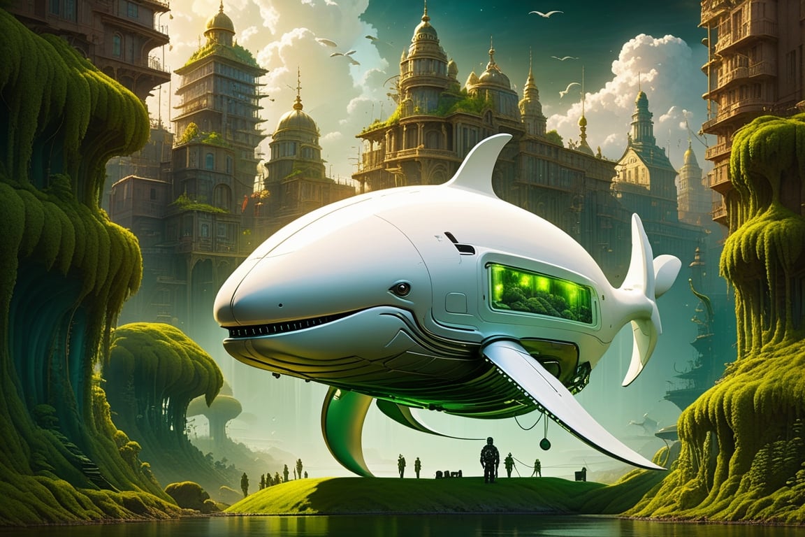 cute giant white robot whale with moss growing on it, floating cloud clear sky, building,futuristic  city view, amazing, glowing, fantasy, something that even doesn't exist, mythical being, sf, intricate artwork masterpiece, ominous, matte painting movie poster, golden ratio, trending on cgsociety, intricate, epic, trending on artstation, by artgerm, h. r. giger and beksinski, highly detailed, vibrant, production cinematic character render, ultra high quality model