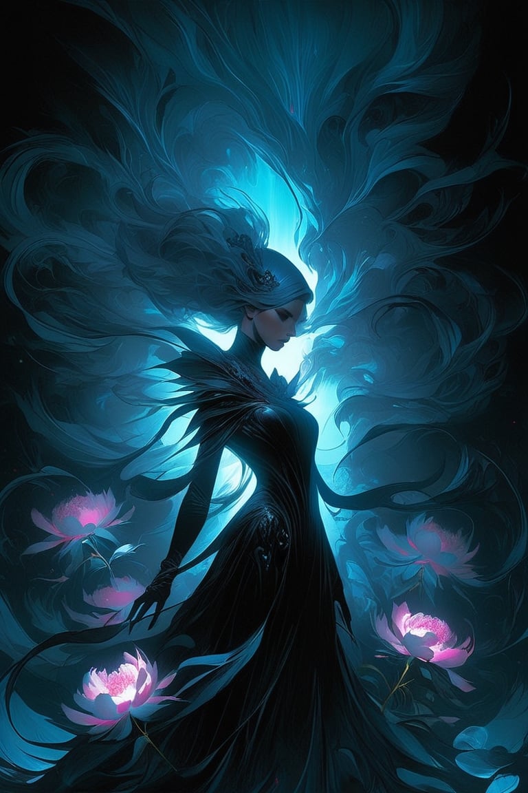 Vibrant Blacklight paint contrasting drab oil paint, a woman, emotional, anxiety, twisted shapes, bioluminescent decaying peonies, a detailed painting by Ross Tran , dark art by James jean, featured on deviantart, gothic art, hauntingly beautiful art, beautiful necromancer girl, charlie bowater, loish, anato finnstark and dan mumford, art for dark metal music, lurking in the darkness, goth aesthetic, dead flowers, james jean aesthetic, featured on pixiv, cgsociety, behance, energy, molecular, rough edges, glowing particles, decorative, symbolic, deep color, sharp focus high contrast, darksynth, vector painting, uv changing art, blacklight tattoo, sf, intricate artwork masterpiece, ominous, matte painting movie poster, golden ratio, trending on cgsociety, intricate, epic, trending on artstation, by artgerm, h. r. giger and beksinski, highly detailed, vibrant, production cinematic character render, ultra high quality model,SelectiveColorStyle,d1p5comp_style