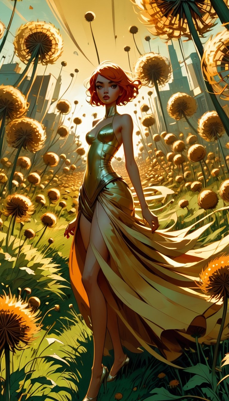 A miniature magicpunk paradise world by greg tocchini,  pop surrealism,  low brow art,  crisp,  gorgeous linework,  clean and sharp,  beautiful flowing lines, comic art, perfect, giant dandelions, unique perspective,d1p5comp_style