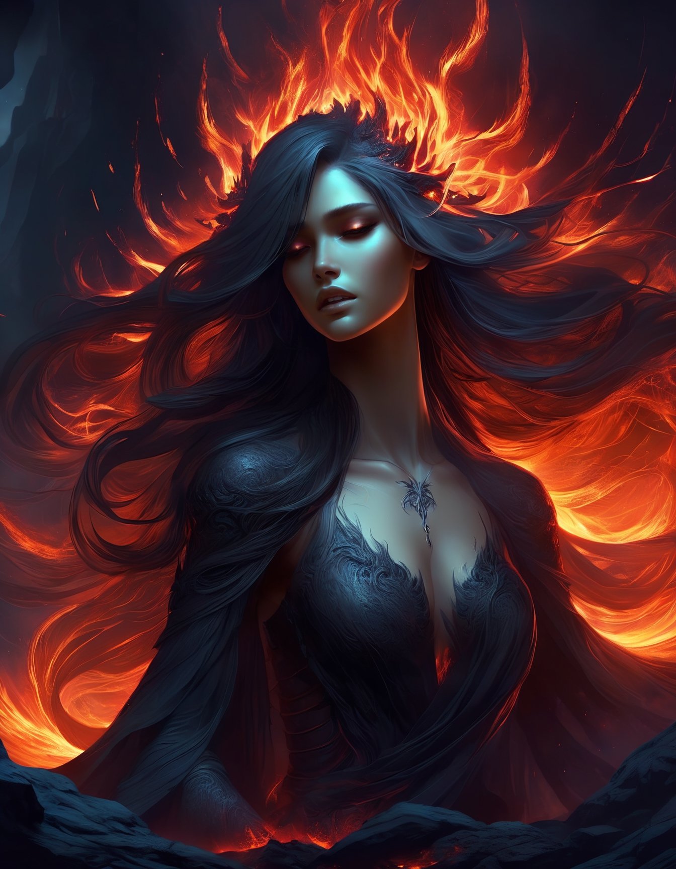 a hyperrealistic digital painting, a vengeful lava monster goddess, hunched over and turning to face us, long flowing glowing lava hair, lava rock body with fiery cracks, wreathed in flame, inspired by mtg artists and charlie bowater and da vinci, detailed backgrounds, 4d, smooth and crisp, atmospheric perspective, horror fantasy || a woman sitting on top of a rock covered in lava, dramatic digital art, woman crying, diffuse, soulslike, avatar image, there is a glow coming from her, nether, smoky lighting, dark soul, transforming,Decora_SWstyle