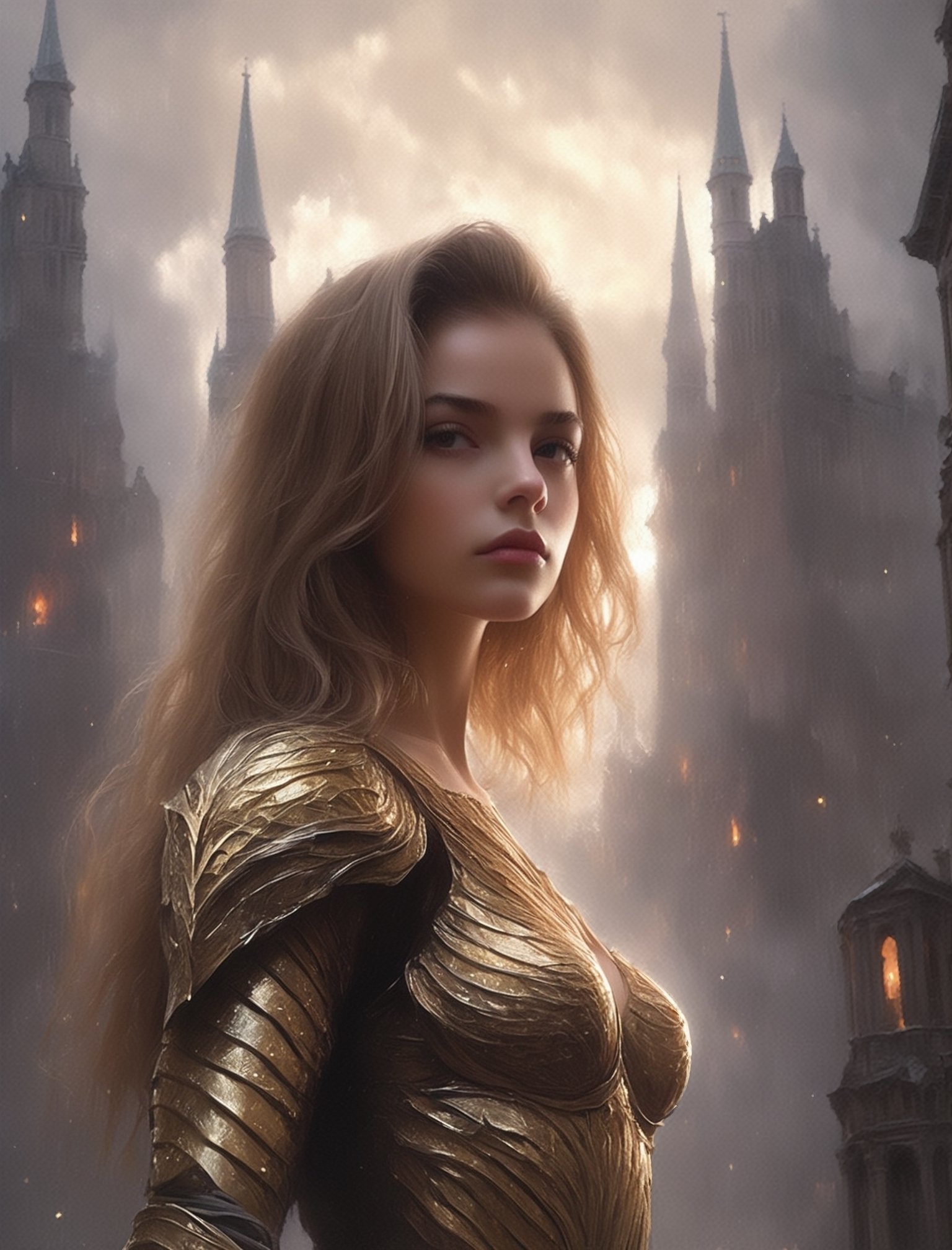 "Dark romance fantasy, close up of a woman with sword wearing dragon bone armor standing above a city, an army looking up at her, embers", bones, ribcage style armor, eldritch, dracolich-like armor, wavy golden dark blonde hair, Masterpiece, Intricate, Insanely Detailed, Art by lois van baarle, todd lockwood, chris rallis, anna dittmann, Kim Jung Gi, Gregory Crewdson, Yoji Shinkawa, Guy Denning, Textured!!!!, Chiaroscuro!!, actionpainting, best quality, smooth finish, masterpiece,DracolichXL24,art_booster,LegendDarkFantasy,ellafreya,renny the insta girl,real_booster