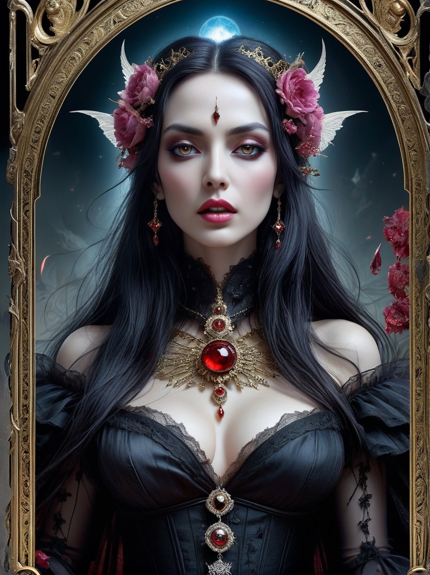 A “major arcana tarot card” reimagined! Death, vampire beliefs, by Mark Tedin, by Jean-Marc Nattier, by Tim Burton, Carne Griffiths and Wadim Kashin, detailed face features, sharp eyes, soft skin, organic, photorealistic, intrincate details, hyperrealistic, award winning, delightful, perfect, glamorous, dazzling, alluring, astonishing, dreamlike, marvelous, magnificent, irresistible, appealing, very pretty, captivating, overwhelming, radiant, centered