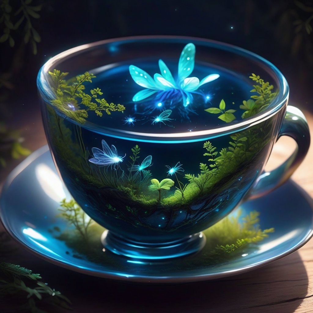 Tiny fntasy forest in a teacup, blue bioluminescent fireflies, lifelike Art style, 32 k, the best art style