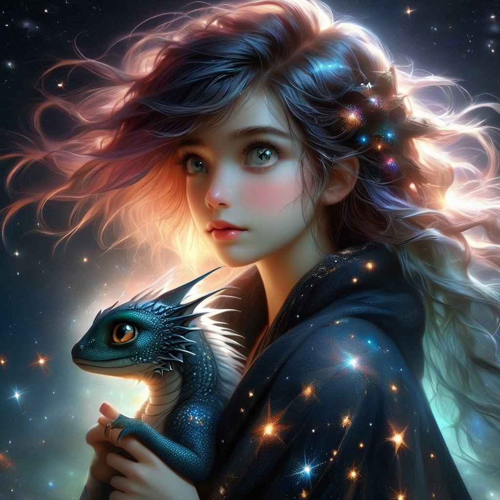 {{best quality}}, {{masterpiece}}, {{ultra-detailed}}, {illustration}, {detailed light}, {an extremely delicate and beautiful}, a girl holding a cute dragon, {beautiful detailed eyes}, stars in the eyes, messy floating hair, colored inner hair, Starry sky adorns hair, depth of field,detailed eyes, PetDragon2024xl