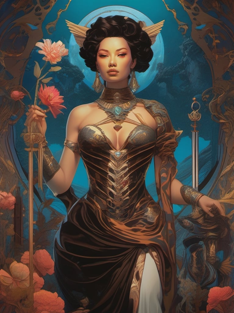 "Strength major arcana tarot card reimagined” as dark fantasy, dark fantasy woman and a skeleton liontiger, stylized painting graphic design poster art by Jon foster, pop surrealism low brow art, digital illustration by yoshitaka amano, dan mumford, Nicolas delort, jeff koons, photorealism, crisp, UHD, fantasy, gorgeous linework, a complex and intricate masterpiece, cel-shaded, clean and sharp, animation key frame, Cool fantasy surreal drawing, juxtapoz magazine, moleskin project, hi-fructose magazine, art style with highly defined lines, professional sketchbook, bold line art, award winning comic graphic novel cover art, ying yang composition --size 886, 1182