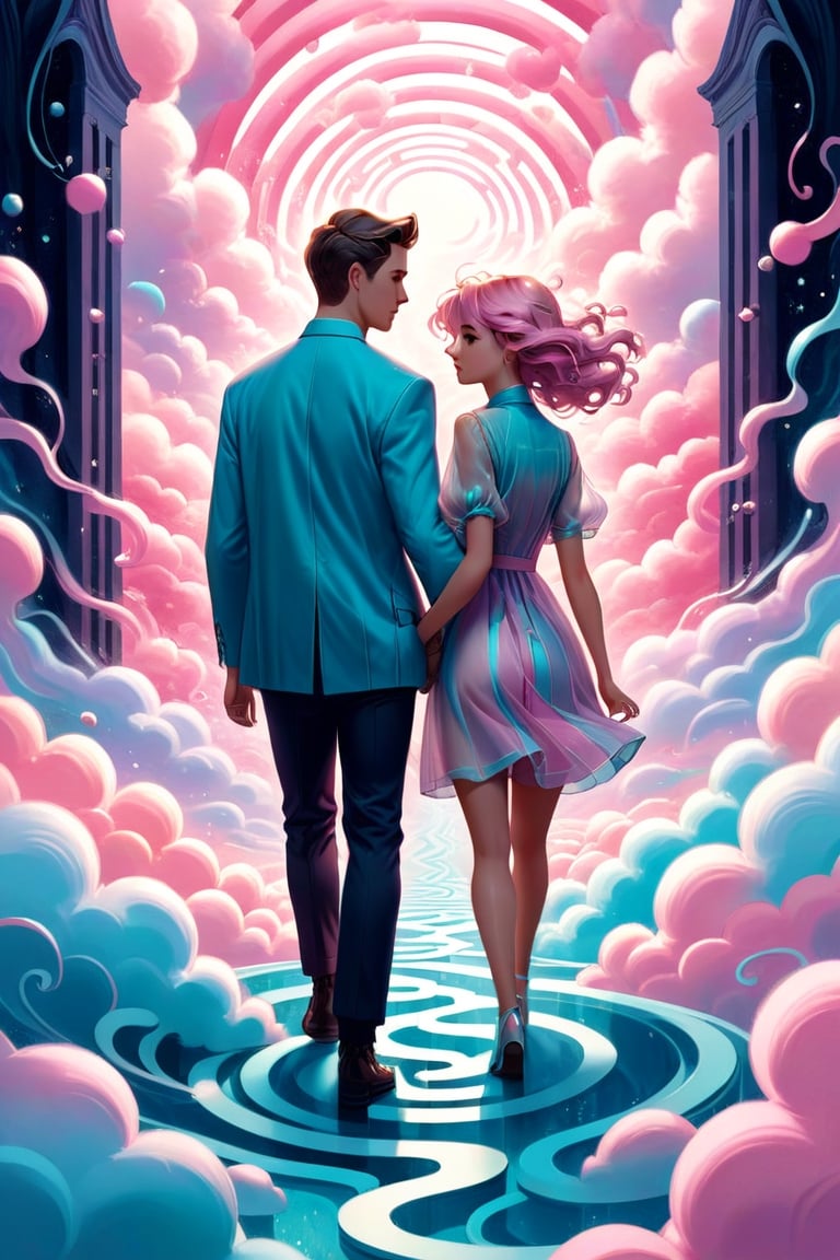 Pastel color palette, bathed in dreamy soft pastel hues || Bold illustration, digital artwork of a couple walking hand in hand in a cloud maze. background with swirling lines and decorative elements. Storybook illustration inspired, charlie bowater and Gediminas Pranckevicius and victo ngai, surreal fantasy illustration, realistic proportions, complex composition, linework, decorative elements, vector painting, highly detailed, digital illustration, artstation, beautiful, wholesome, nostalgia, high quality, cotton-candy-colors || impossible dream, pastelpunk aesthetic fantasycore art, beautiful soft pastel colors,Decora_SWstyle