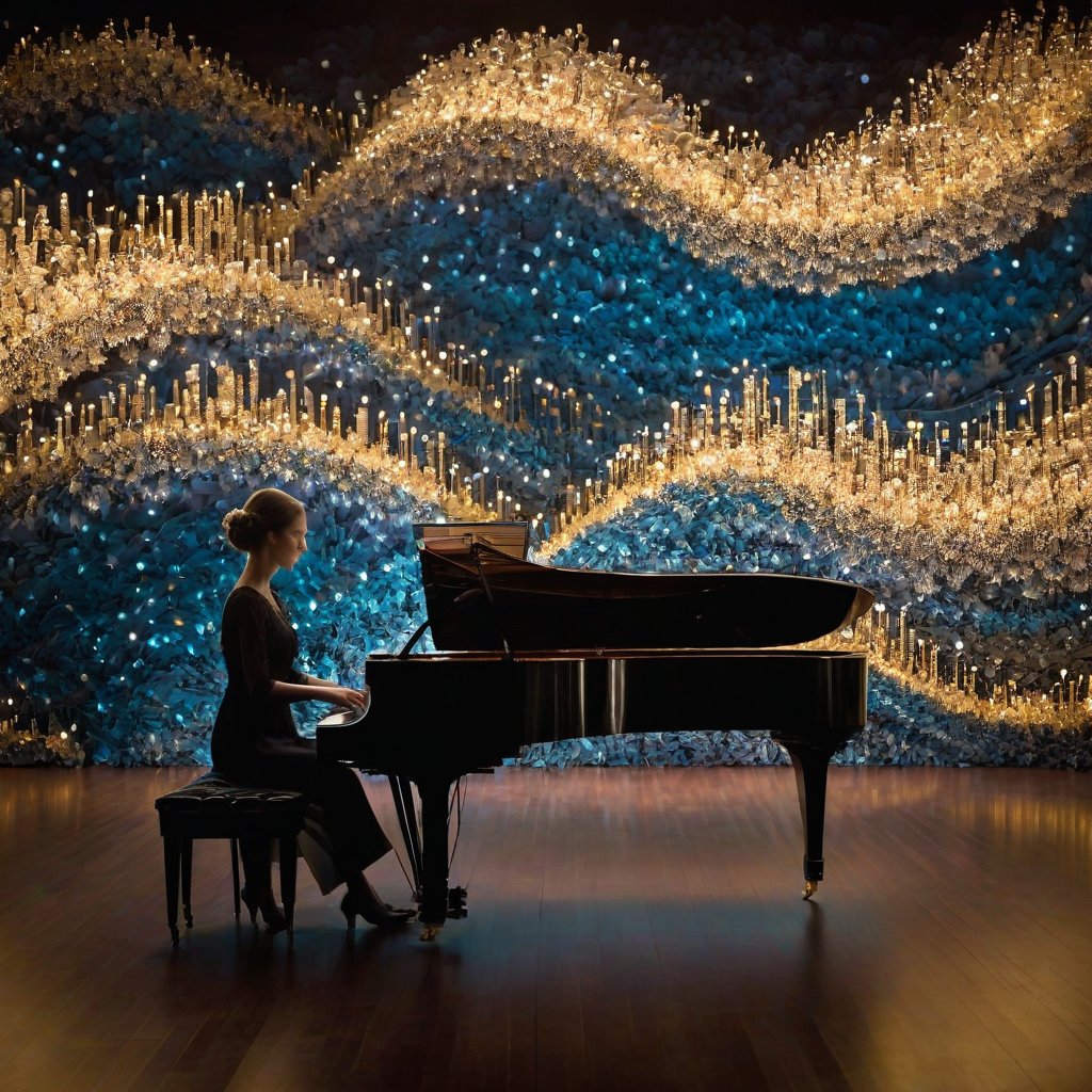 In a dimly lit, ornate music room, a lone figure sits amidst swirling curls of paper-sheet-music. The pianist, crafted from intricately folded origami, delicately presses keys with fingers like crumpled pages. Soft focus on the musician's face, sharp on the instrument's intricate mechanisms.

The camera lingers on the piano's curves, reframing to reveal a mesmerizing bokeh of paper fragments dancing in the dim light. A wave of golden dust rises from the piano's surface, as if the music itself is materializing.

In the background, a Zentangle-inspired mural unfolds, featuring delicate patterns that seem to pulse with the rhythm. The air is heavy with the scent of old books and forgotten melodies.

As the pianist's fingers dance across the keys, a fractal-like pattern emerges on the instrument's surface, as if the music is being woven into the very fabric of reality. The camera zooms in on this abstract representation, capturing every detail with hyperrealistic precision.

The image is bathed in a warm, golden light, punctuated by shafts of soft, blue-gray illumination that seem to emanate from the piano itself. The overall effect is one of moody, cinematic drama, as if the very essence of music has been distilled into this single, breathtaking frame.

Technical specifications:

* Resolution: 64 megapixels
* Sensor size: Full-frame
* Lens: Custom-made for maximum contrast and resolution
* ISO: 100-400 (custom-curated to optimize bokeh and atmospheric effects)
* Lighting: HDR-enabled, with a combination of softbox strobes and natural light
* Post-processing: Advanced color grading and sharpening techniques applied to enhance overall image quality.