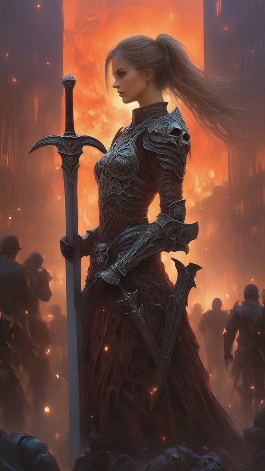 "Dark romance fantasy, a woman with a sword and shield, wearing dragon bone armor and standing above a city, an army looking up at her, embers", bones, ribcage style armor, eldritch, dracolich-like armor, Masterpiece, Intricate, Insanely Detailed, epic, stunning, Art by lois van baarle, todd lockwood, chris rallis, anna dittmann, Kim Jung Gi, Gregory Crewdson, Yoji Shinkawa, Guy Denning, Textured!!!!, Chiaroscuro!!, actionpainting, best quality, masterpiece,DracolichXL24,art_booster,LegendDarkFantasy,ellafreya,renny the insta girl,real_booster