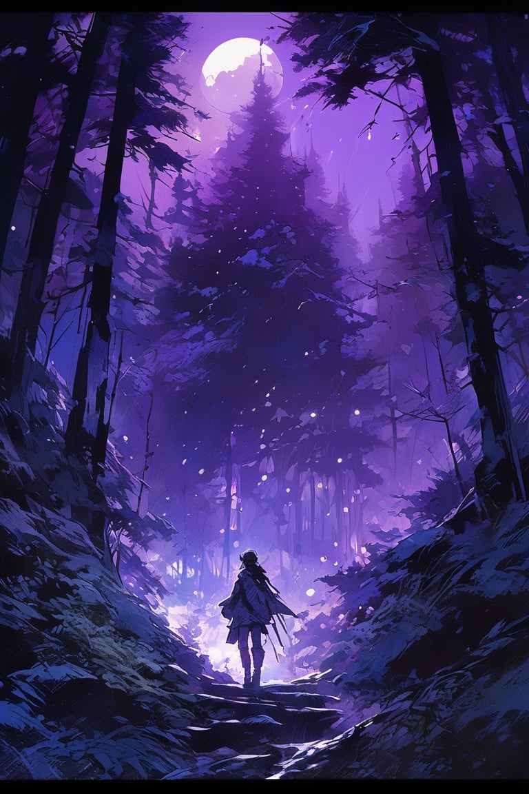 On a full moon night in a supernatural forest, Metallic_Vexing_Violet_color, magic, soft lighting, sharp focus, by Marc Simonetti & yoji shinkawa & wlop & james jean, paint drops, rough edges, trending on artstation, studio photo, intricate details, highly detailed, moonrays, detailed brushwork, illustration, epic perfect composition, energetic, dan mumford and anna dittmann
