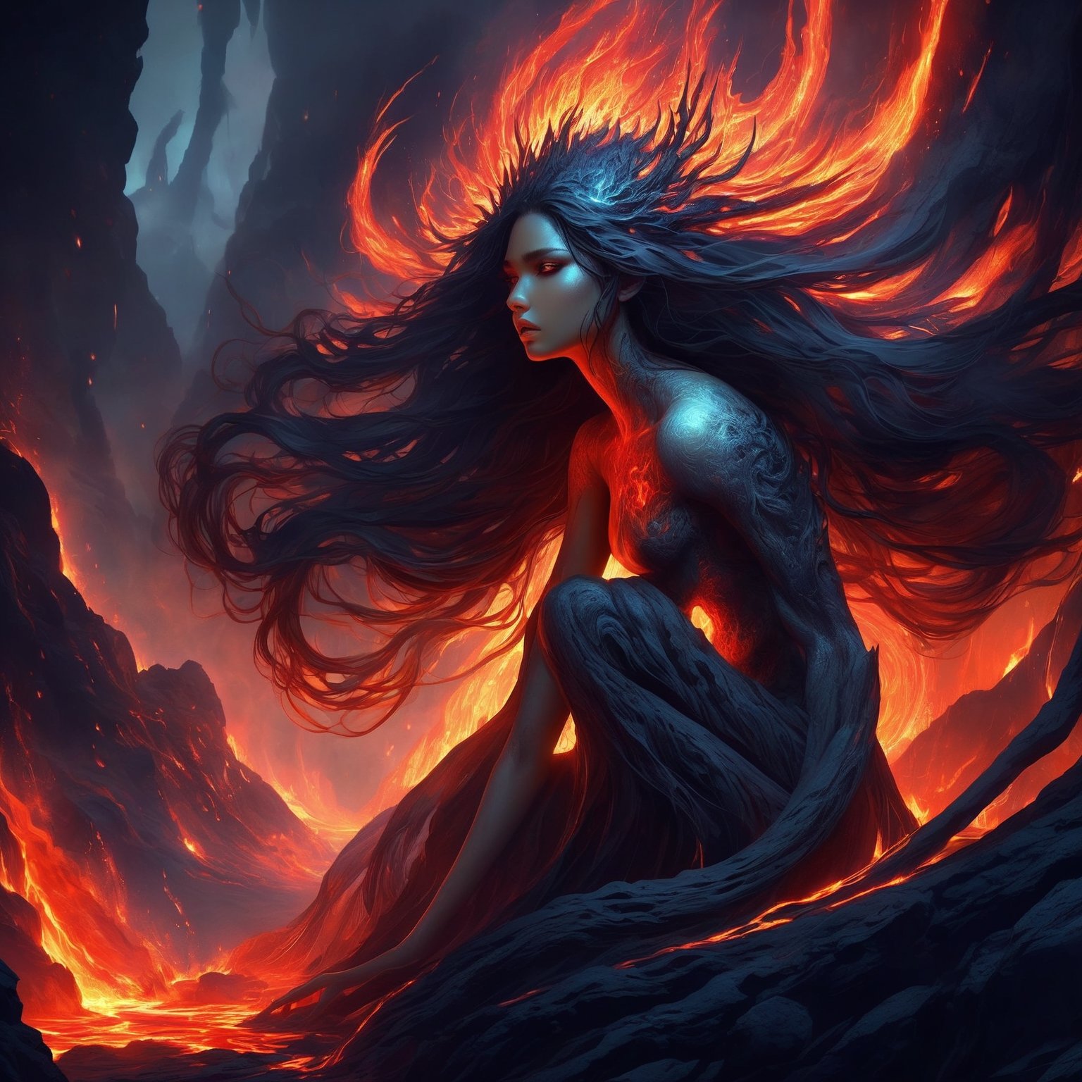 a hyperrealistic digital painting, a vengeful lava monster goddess, hunched over and turning to face us, long flowing glowing lava hair, lava rock body with fiery cracks, wreathed in flame, inspired by mtg artists and charlie bowater and da vinci, detailed backgrounds, 4d, smooth and crisp, atmospheric perspective, horror fantasy || a woman sitting on top of a rock covered in lava, dramatic digital art, woman crying, diffuse, soulslike, avatar image, there is a glow coming from her, nether, smoky lighting, dark soul, transforming,Decora_SWstyle