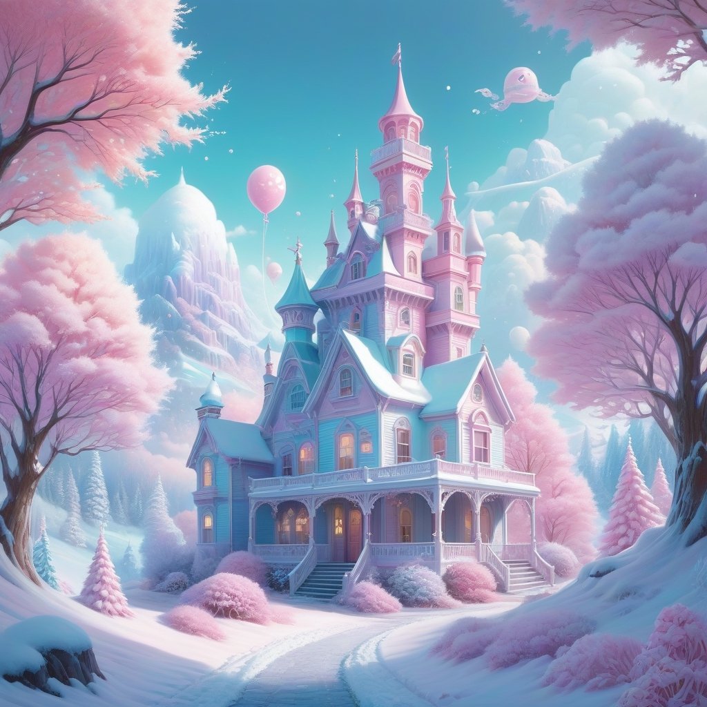 Pastel color palette, in dreamy soft pastel hues, pastelcore, pop surrealism poster illustration ||  Kawaii ghost, winter candyland scene, beautiful digital illustration by yoshitaka amano, dan mumford, Nicolas delort, jeff koons, photorealism, crisp, UHD, fantasy, gorgeous linework, a complex and intricate masterpiece, cel-shaded, clean and sharp || bright hazy pastel colors, whimsical, impossible dream, pastelpunk aesthetic fantasycore art, beautiful soft pastel colors
