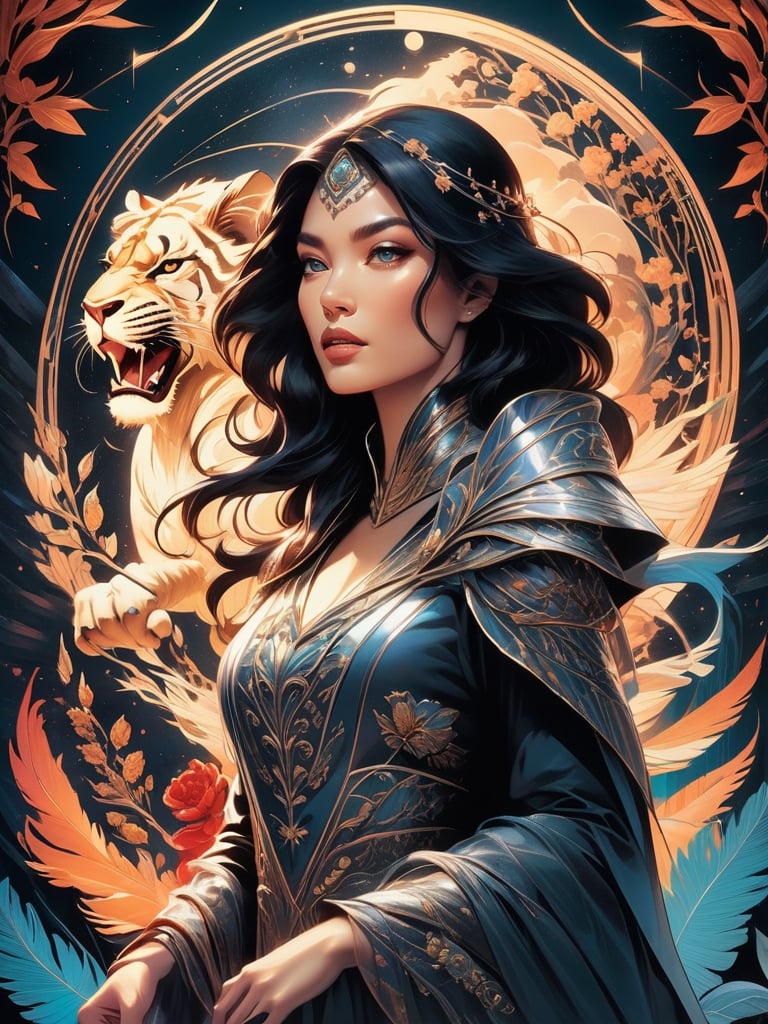 “Strength major arcana tarot card reimagined” as dark fantasy, dark fantasy woman and a skeleton liontiger, stylized painting graphic design poster art by Jon foster, pop surrealism low brow art, digital illustration by yoshitaka amano, dan mumford, Nicolas delort, jeff koons, photorealism, crisp, UHD, fantasy, gorgeous linework, a complex and intricate masterpiece, cel-shaded, clean and sharp, animation key frame, Cool fantasy surreal drawing, juxtapoz magazine, moleskin project, hi-fructose magazine, art style with highly defined lines, professional sketchbook, bold line art, award winning comic graphic novel cover art, ying yang composition, mysterious