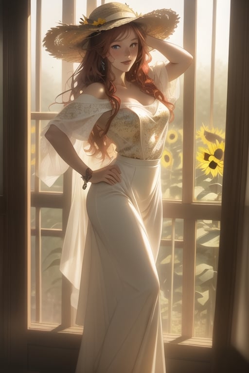 breathtaking painting of a gorgeous girl with a sunhat standing far out in a sunflower field, turning to look at the viewer, curly red hair, windy, cute dusting of freckles on her cheeks and shoulders, (Kokie Childers face, amazing likeness:0.9), off the shoulder white dress with skirt blowing in the wind, whimsical mood, illuminated misty irish forest in the far background, by marc simonetti and yoji shinkawa and wlop, style of guweiz, edwin landseer, eye-catching detail, insanely intricate, vibrant light and shadow ,beauty, paintings on panel, captivating, style of oil painting, modern ink, watercolor, brush strokes, masterpiece, the most beautiful, best quality, something the even doesn't exist, fae magic, mysterious floating lights,Freckles,portrait,freckled girl