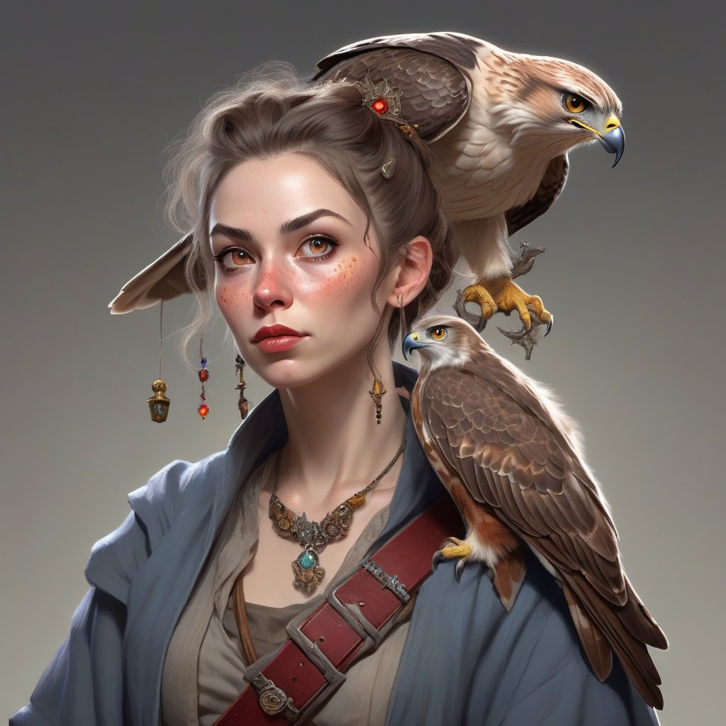 A fantasy character concept portrait of a human wizard woman with pale complexion, subtle freckles, mousy brown messy long hair pulled back in a low messy bun, ((face reminiscent of  rita moreno)), clever grey eyes, skeptical annoyed condescending expression, worn and layered traveling wizard clothing adorned with various magical trinkets, a spellbook and potion vials attached to her belt, and a magical red-tailed hawk perched on her shoulder. The background is detailed, with a captivating composition and color, blending fantasy and realism 