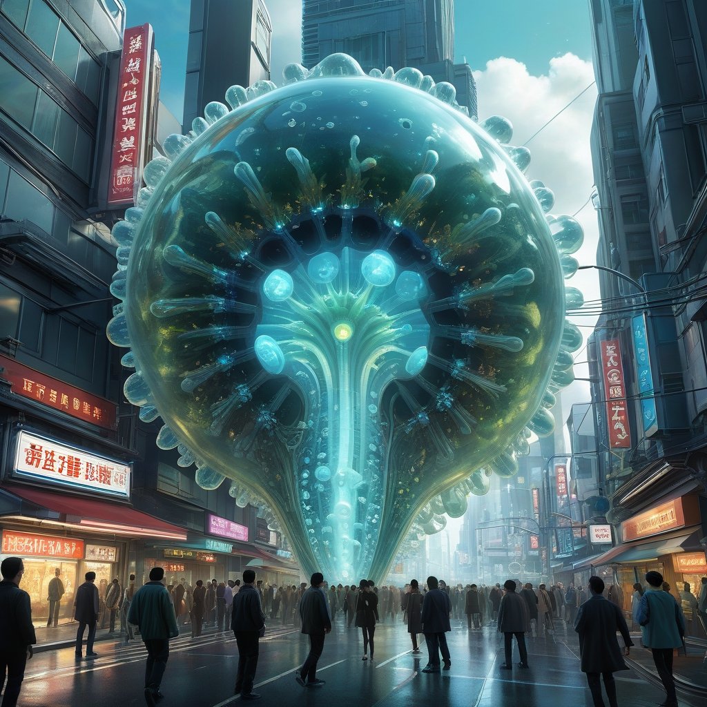 digital illustration, Transparent Amoeba, fun action scene of epic kaiju-sized amoeba attacking futuristic cyberpunk tokyo, gigantic transparent clear amoeba with glowing organelles, amoeba trying to absorb and eat a building, people panicking and escaping, science fantasy painting, cell biology, 3 d animated movie, by Lawrence Harris, inspired by Todd Lockwood, artist impression, antibodies, by Galen Dara, jaime jasso, intensely beautiful image, marc _ simonetti || by cyril rolando, Ismail Inceoglu & Atey Ghailan & Victo Ngai & Alan Lee & James Gilleard :: 100-meter-tall amoeba blob kaiju stomping on industrialized futuristic synthwave japanese-themed city, clear amoeba with glowing organelles :: panic & running & escape :: mayhem :: mass hysteria :: smoke & explosions :: planetary crisis :: cautionary tale :: cyberpunk palette