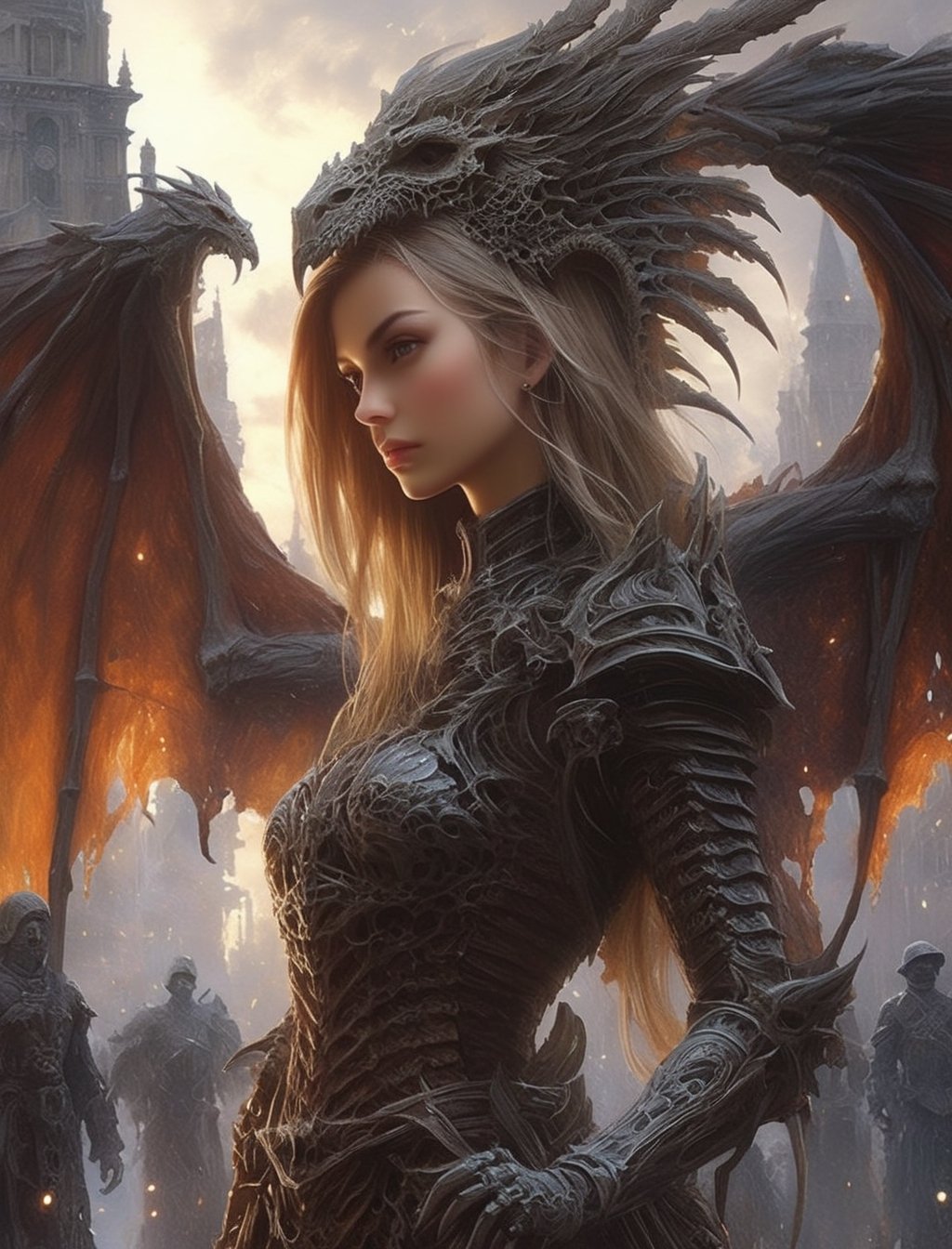 "Dark romance fantasy, close up of a woman wearing dragon bone armor standing above a city, an army looking up at her, embers", bones, ribcage style armor, eldritch, dracolich-like armor, Masterpiece, Intricate, Insanely Detailed, Art by lois van baarle, todd lockwood, chris rallis, anna dittmann, Kim Jung Gi, Gregory Crewdson, Yoji Shinkawa, Guy Denning, Textured!!!!, Chiaroscuro!!, actionpainting, best quality, masterpiece,DracolichXL24,art_booster,LegendDarkFantasy,ellafreya,renny the insta girl,real_booster