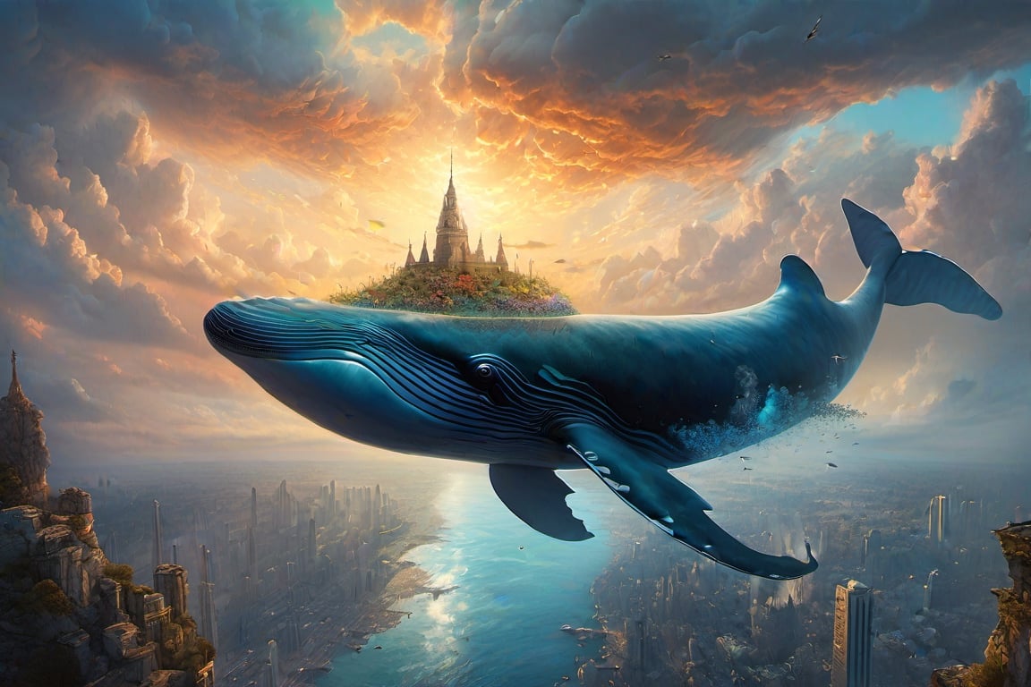 Double exposure Watercolor and oil painting of a Beautiful city on top of a Giant whale above the clouds, extremely beautiful nature, Epic masterpiece, sunny lighting by awwchang, concept art, environment design, cgsociety, Tim burton, joel rea, greg rutowski, yuumei, rule of thirds, fantasy, Dream, vibrant, perfect composition, beautiful detailed intricate insanely detailed, trending on artstation, soft natural volumetric cinematic perfect light, chiaroscuro, award - winning illustration, masterpiece, oil on canvas, beeple, beksinski, giger, whimsical ethereal fantastical, trending on artstation, sharp focus, soft light, rough edges, paint drops, glow