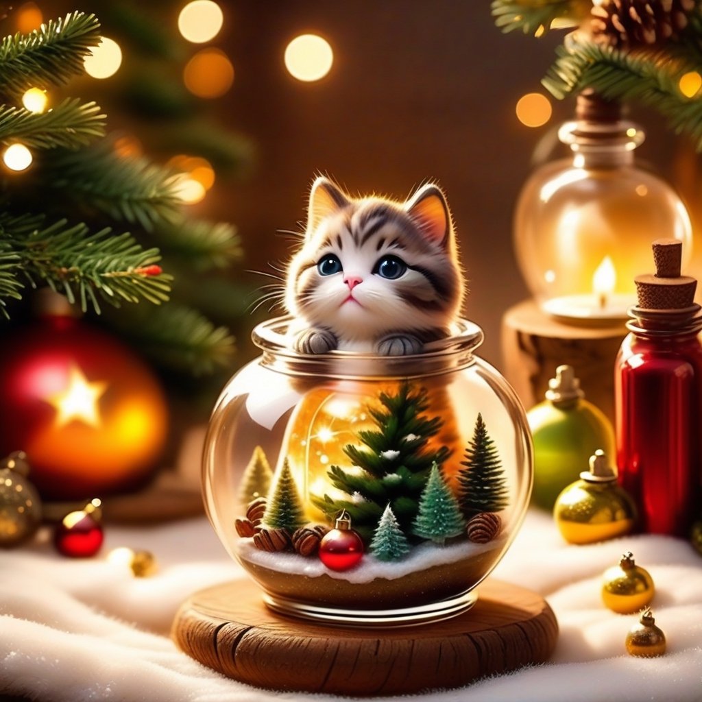 Cute very small chubby cat in a glass potion bottle, miniature cat in a mana bottle, realistic cat, real, natural cat, very small cute cat. Christmas day, Warm atmosphere. Under a christmas tree, gifts, winter style, bottles of cute, beautiful, dramatic, Playful

