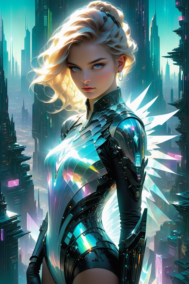 an oil painting of a beautiful young caucasian woman 21 years old, cyberpunk futuristic with cyan, translucent plastic, amber, and neon theme, Full body, crystal, Royal princess on a viewpoint look at the Futuristic city below wearing finery on beautiful translucent body, by wlop and richard schmid, loose brushstrokes, Broken Glass effect, no background, stunning, something that even doesn't exist, mythical being, energy, molecular, textures, iridescent and luminescent scales, breathtaking beauty, pure perfection, divine presence, unforgettable, impressive, breathtaking beauty, Volumetric light, auras, rays, vivid colors reflects, Broken Glass effect, no background, stunning, something that even doesn't exist, mythical being, energy, molecular, textures, iridescent and luminescent scales, breathtaking beauty, pure perfection, divine presence, unforgettable, impressive, breathtaking beauty, Volumetric light, auras, rays, vivid colors reflects, UTOPIA, UTOPIAN,eyes shoot,oil paint ,EpicSky