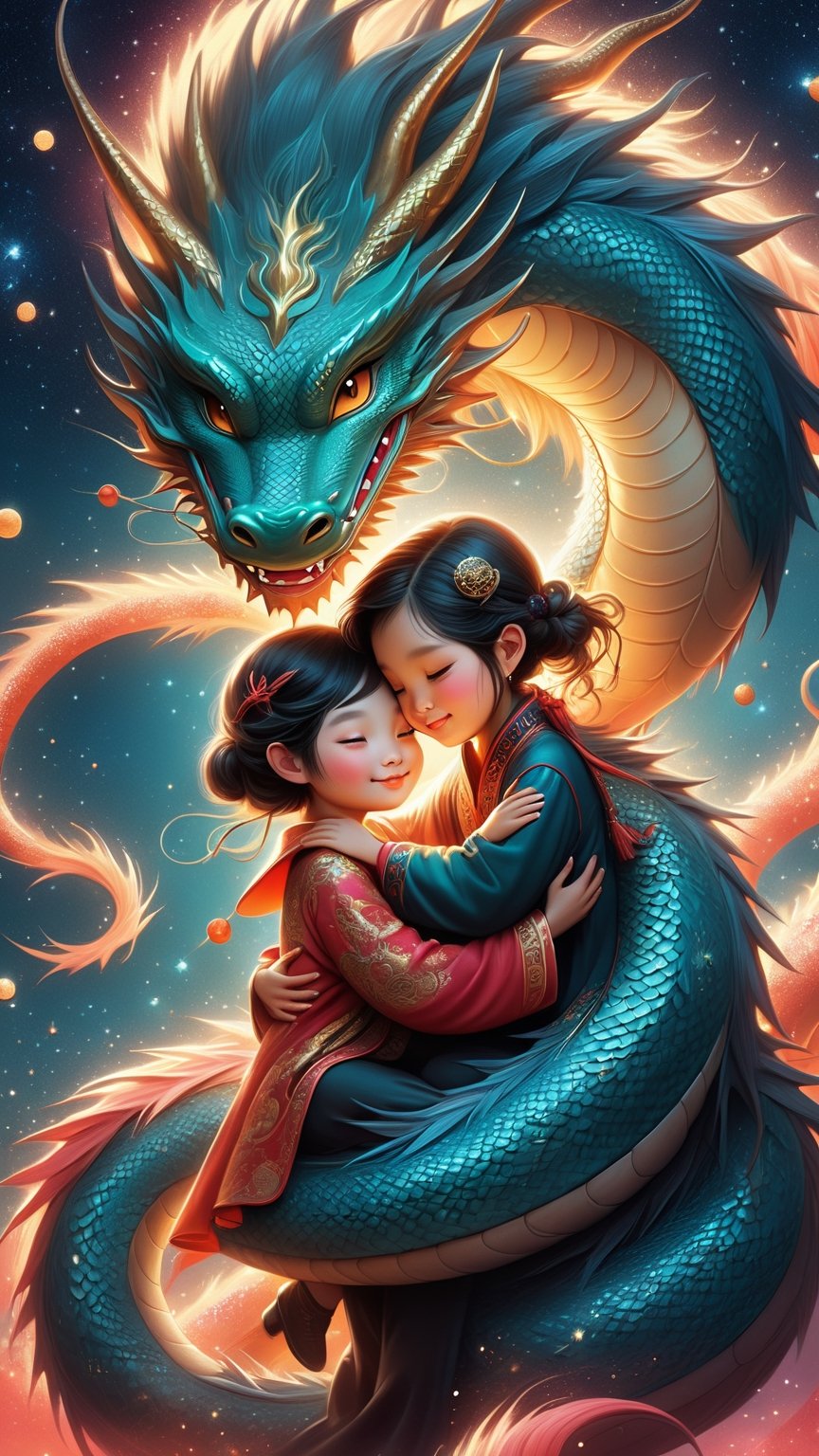 dreamy, pop surrealism, concept art illustration || "a cute witch hugging giant cute chinese dragon", fun adorable sweet, sparkles, lunar new year, || whimsical, impossible dream, fantasycore art, semirealistic, dan mumford and anna dittmann, chris riddell,PetDragon2024xl,niji style