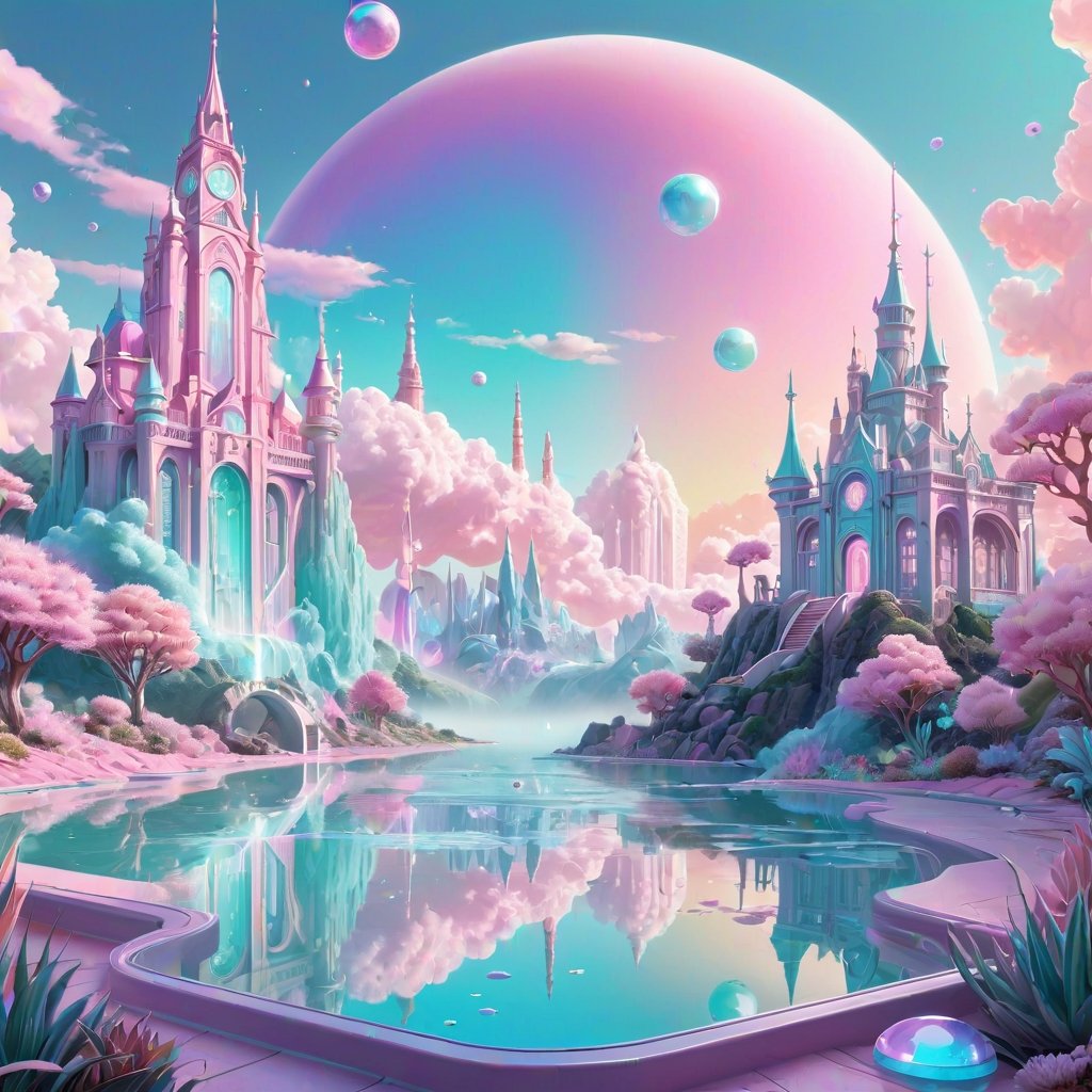 Pastel color palette, bathed in dreamy soft pastel hues || pastelpunk aesthetic fantasycore art, Hyperrealistic digital painting of a crystalpunk fantasy future utopia, utopian design, 4d, sticker, 2d cute, fantasy, dreamy, vector illustration, 2d flat, centered, by Tim Burton and james jean, professional, sleek, modern, minimalist, graphic, line art, vector graphics | perfect composition || impossible dream, pastelpunk aesthetic fantasycore art, vibrant soft pastel colors