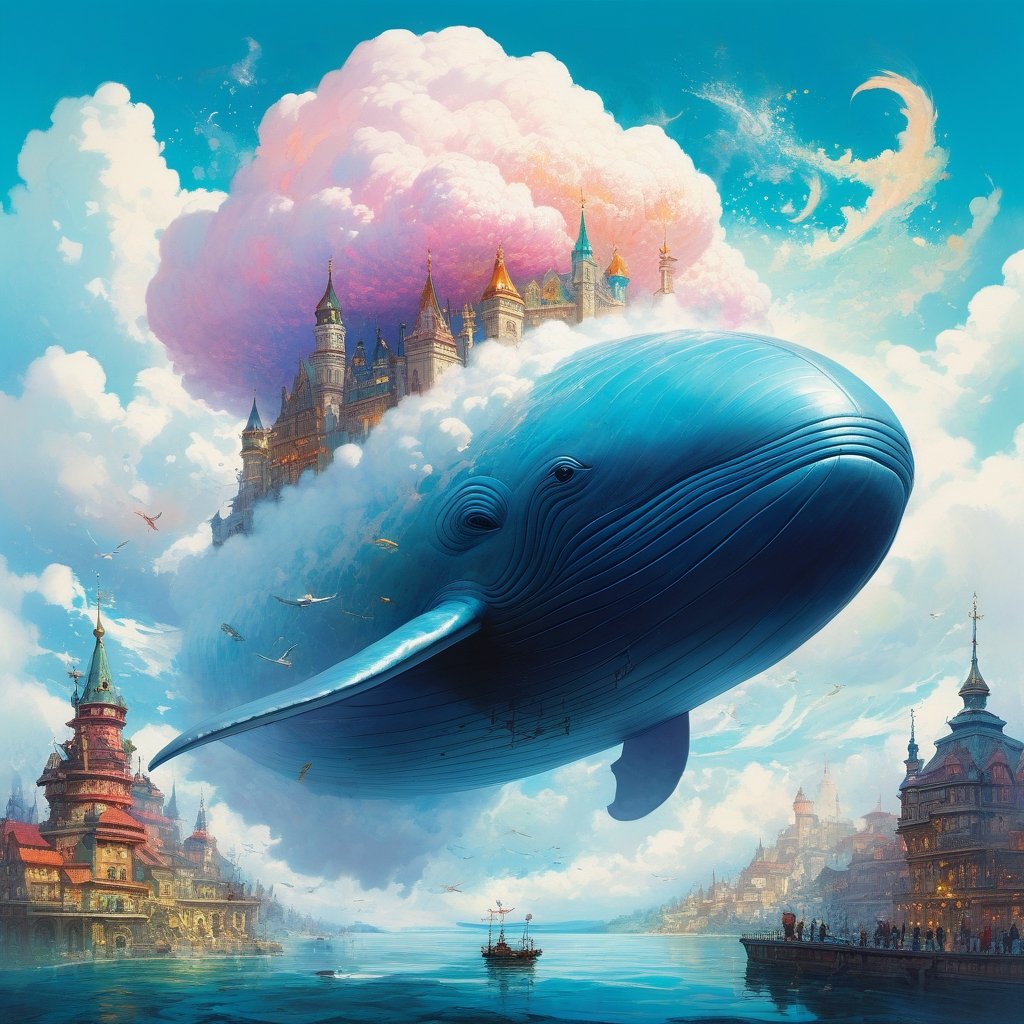 Masterpiece, fantasy shot of a giant cloud whale in the sky with a fantasy kingdom on its back: clouds: bright: cloud castles: spires: vibrant: wispy: fantastical: watercolor by heikala: by yoshitaka amano, ismail inceoglu, Steven spazuk, victo ngai: hyperdetailed: 8k resolution splash art: concept art: album cover art: fantasy: by Bella Kotak: intricately detailed: bright colors || fantasycore