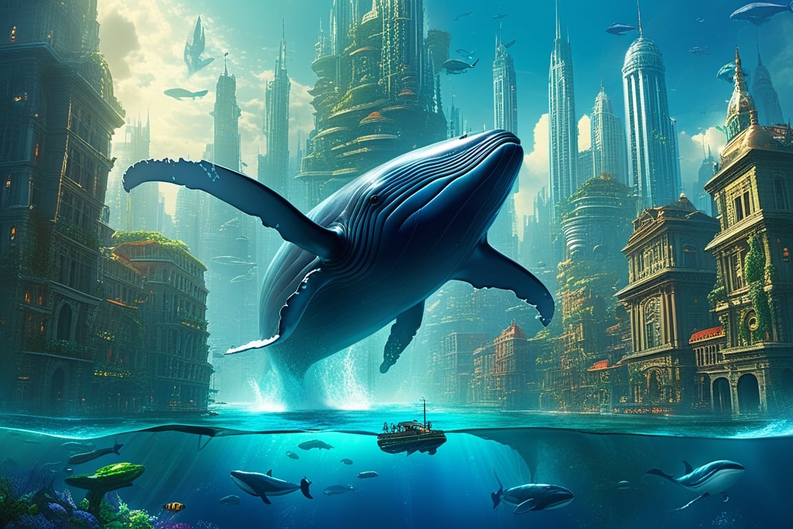 there is a large whale floating in the water with a city in the background, concept art inspired by Stephan Martinière, cg society contest winner, fantasy art, sci-fi fantasy wallpaper, floating city, in fantasy sci - fi city, futuristic underwater metropolis, surreal concept art, atlantis city, greg beeple, symmetrical epic fantasy art, underwater city