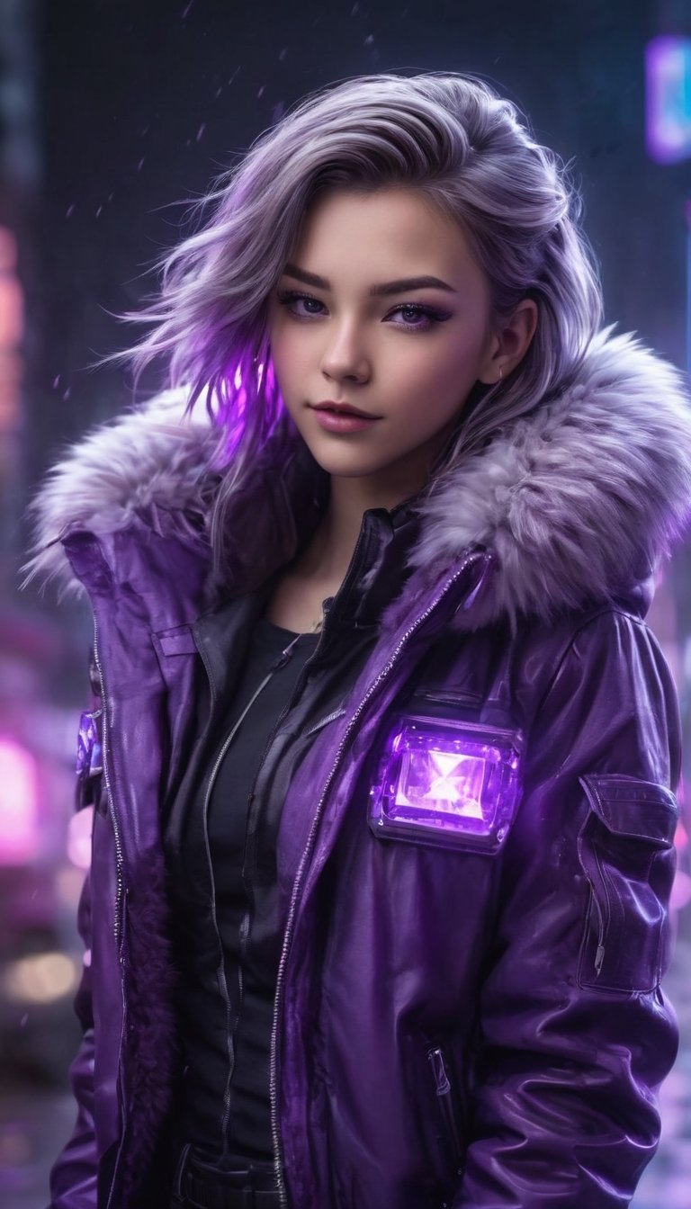 1girl, cyberpunk, fur trim jacket blowing in the wind, smirking, looking at viewer, selective color purple, purple glowing crystal, fine lines, highly detailed background setting, upward movement