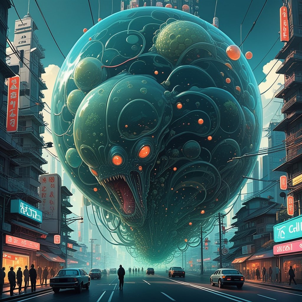 by cyril rolando, Ismail Inceoglu & Atey Ghailan & Victo Ngai & Alan Lee & James Gilleard :: 1kaiju, 100-meter-tall clear-transparent-amoeba gelatinous-blob, oozing on industrialized futuristic synthwave japanese-themed city, clear amoeba with glowing organelles :: panic & running & escape :: mayhem :: mass hysteria :: smoke & explosions :: planetary crisis :: cautionary tale :: cyberpunk palette