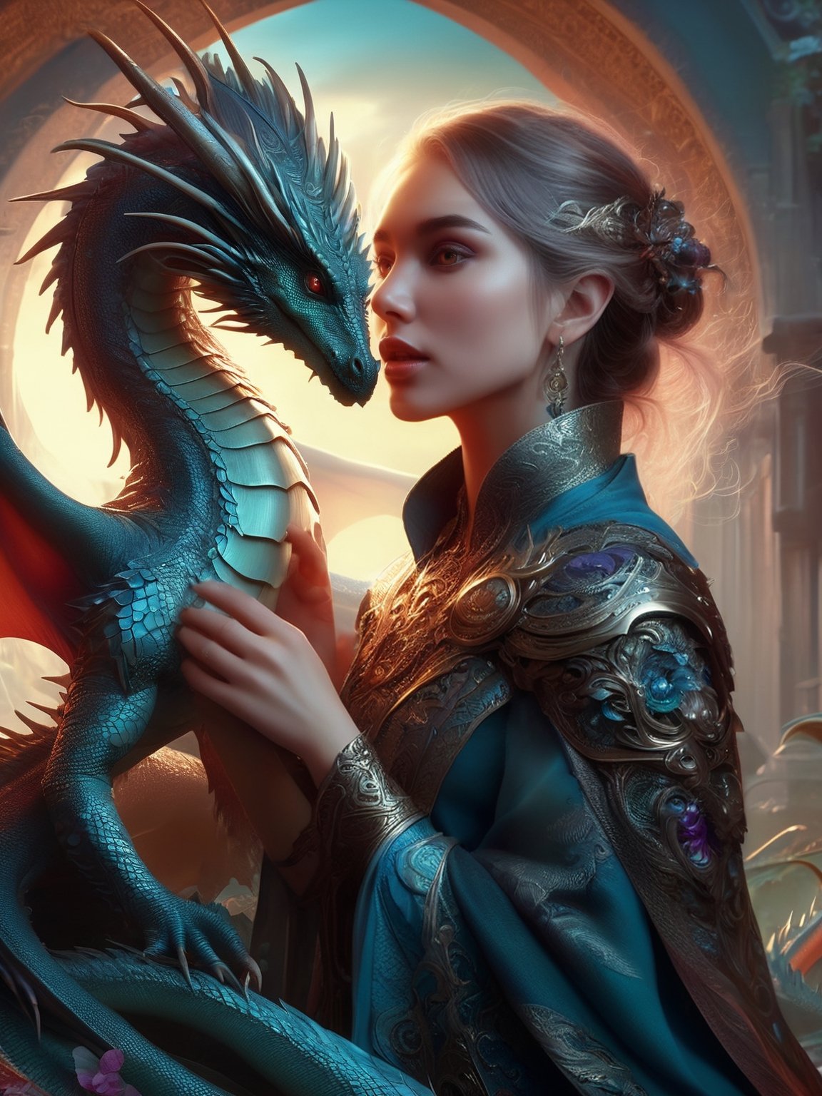 fantasy, woman and a tiny realistic dragon, digital illustration, UHD, a complex and intricate masterpiece clean and sharp,PetDragon2024xl,Decora_SWstyle
