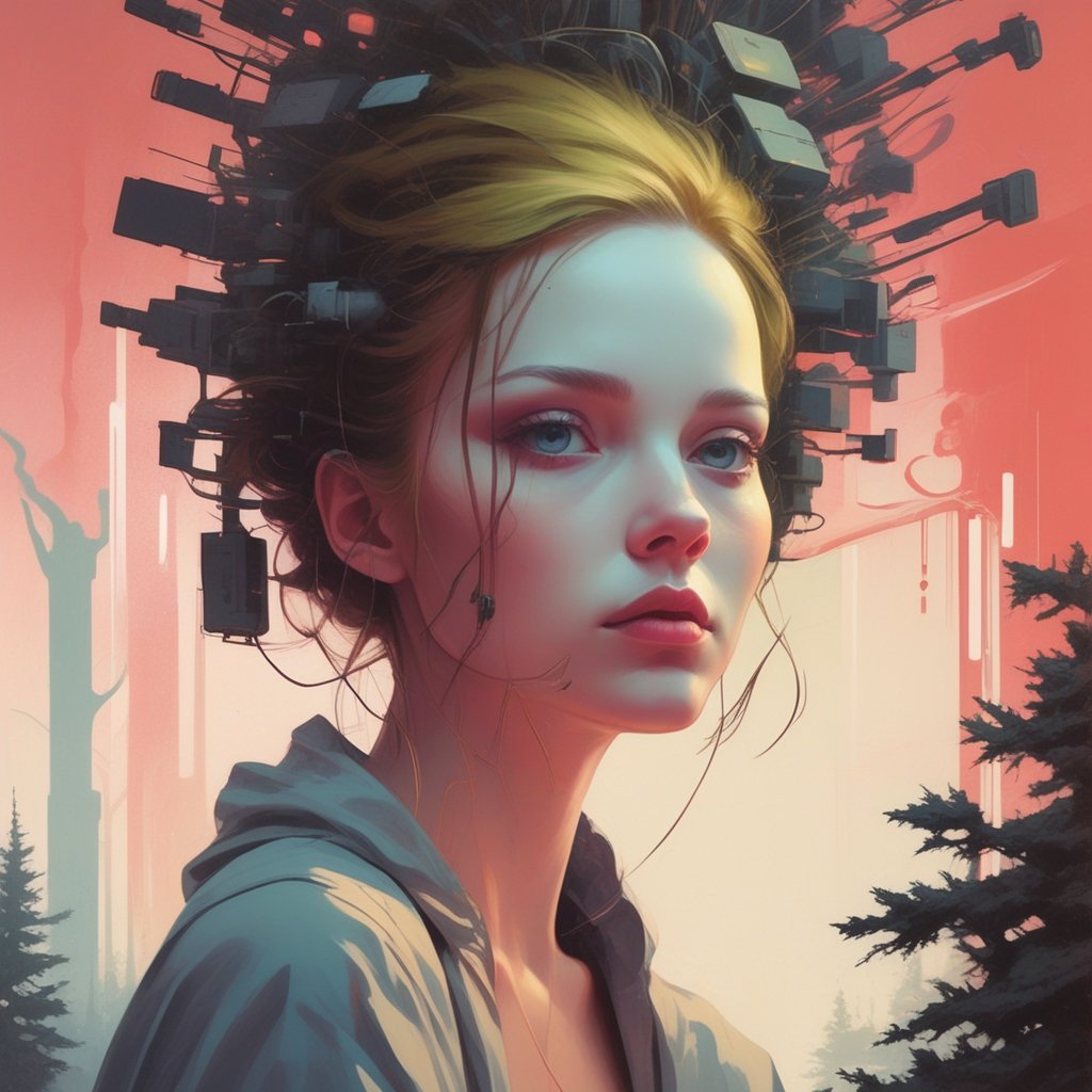 A graphic split between the personification of nature and the personification of technology, graphic shape canvas, CEH_ai, street art, temporary art, ((tonalism)), near zero guidance, all is revealed, Mixed emotions and art styles, kuvshinov, rossdraws, tom bagshaw, alphonse mucha, , professional ominous concept art, by artgerm and greg rutkowski, an intricate, elegant, highly detailed digital painting, concept art, smooth, sharp focus, illustration, in the style of simon stalenhag, wayne barlowe, and igor kieryluk.