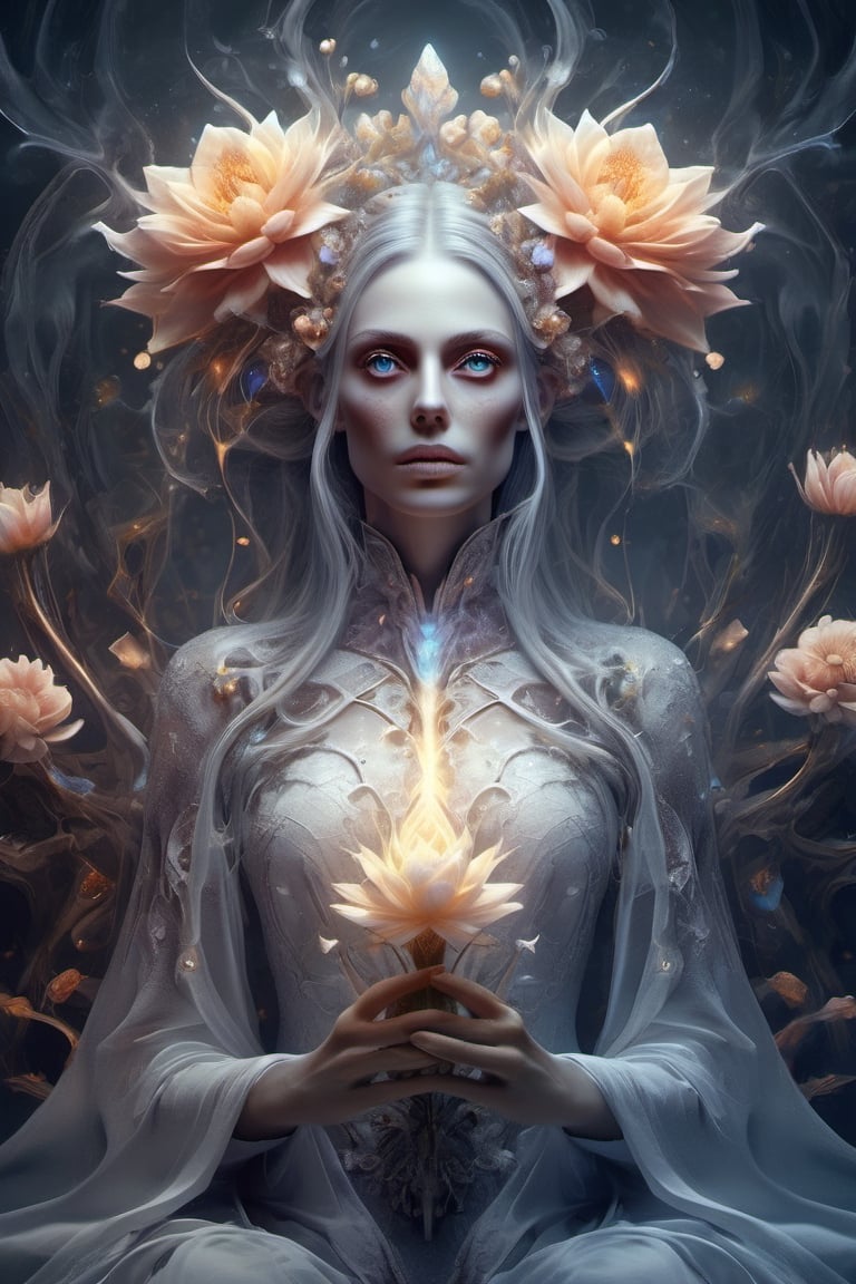 Hypermaximalist, digital illustration, complex composition, intricate, maximalism, BLOOMCORE, a flower android, a woman sitting on top of a bed of flowers, ash thorp, unreal engine: .2, artgerm and patrick demarchelier, kirsty mitchell, pale woman covered with blood, tooth wu : : quixel megascans, promotional image, interconnected human lifeforms, dissolving, fantasy concept art, character design, trending on artstation, cgsociety, photorealistic anime visual, pop surrealism, pale colors, peaceful transcendence, alluring eyes,  ,aesthetic portrait,DonMDj1nnM4g1cXL, whimsical dark ,DonMD3m0nXL 