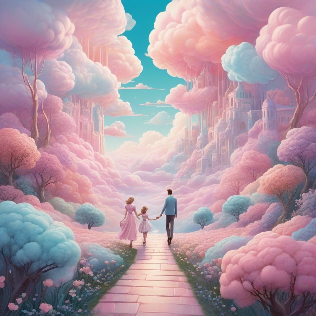 Shaped canvas ready to print graphic design, Pastel color palette, bathed in dreamy soft pastel hues || Bold illustration, digital artwork of a couple walking hand in hand in a cloud maze. background with swirling lines and decorative elements. Storybook illustration inspired, charlie bowater and Gediminas Pranckevicius and victo ngai, surreal fantasy illustration, realistic proportions, complex composition, linework, decorative elements, vector painting, highly detailed, digital illustration, artstation, beautiful, wholesome, nostalgia, high quality, cotton-candy-colors || impossible dream, pastelpunk aesthetic fantasycore art, beautiful soft pastel colors