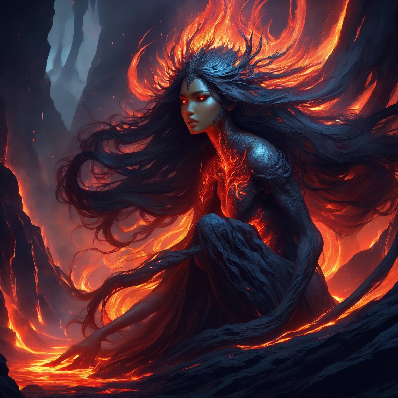 a hyperrealistic digital painting, a vengeful lava monster goddess, hunched over and turning to face us, long flowing glowing lava hair, lava rock body with fiery cracks, wreathed in flame, inspired by mtg artists and charlie bowater and da vinci, detailed backgrounds, 4d, smooth and crisp, atmospheric perspective, horror fantasy || a woman sitting on top of a rock covered in lava, dramatic digital art, woman crying, diffuse, soulslike, avatar image, there is a glow coming from her, nether, smoky lighting, dark soul, transforming,Decora_SWstyle